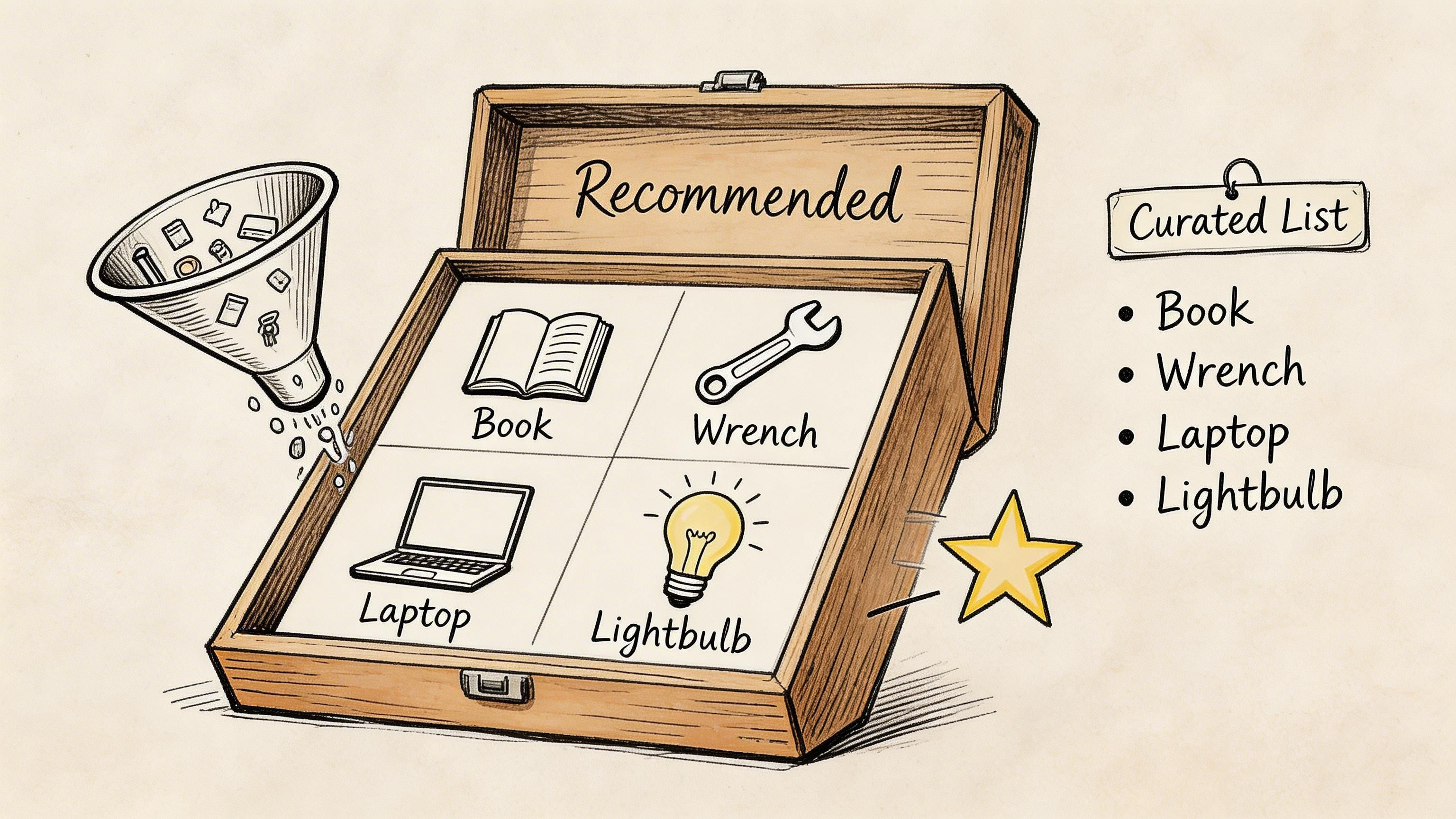 A wooden box acting as a funnel filter containing a curated list of items like books and laptops.
