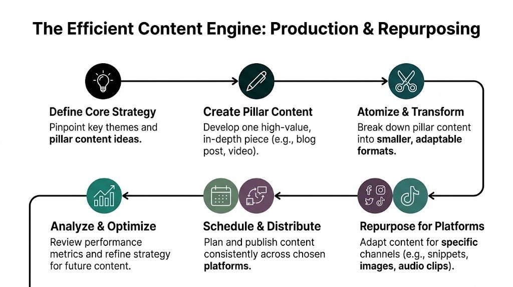 A flowchart diagram illustrating the six steps of an efficient content production and repurposing strategy for businesses.