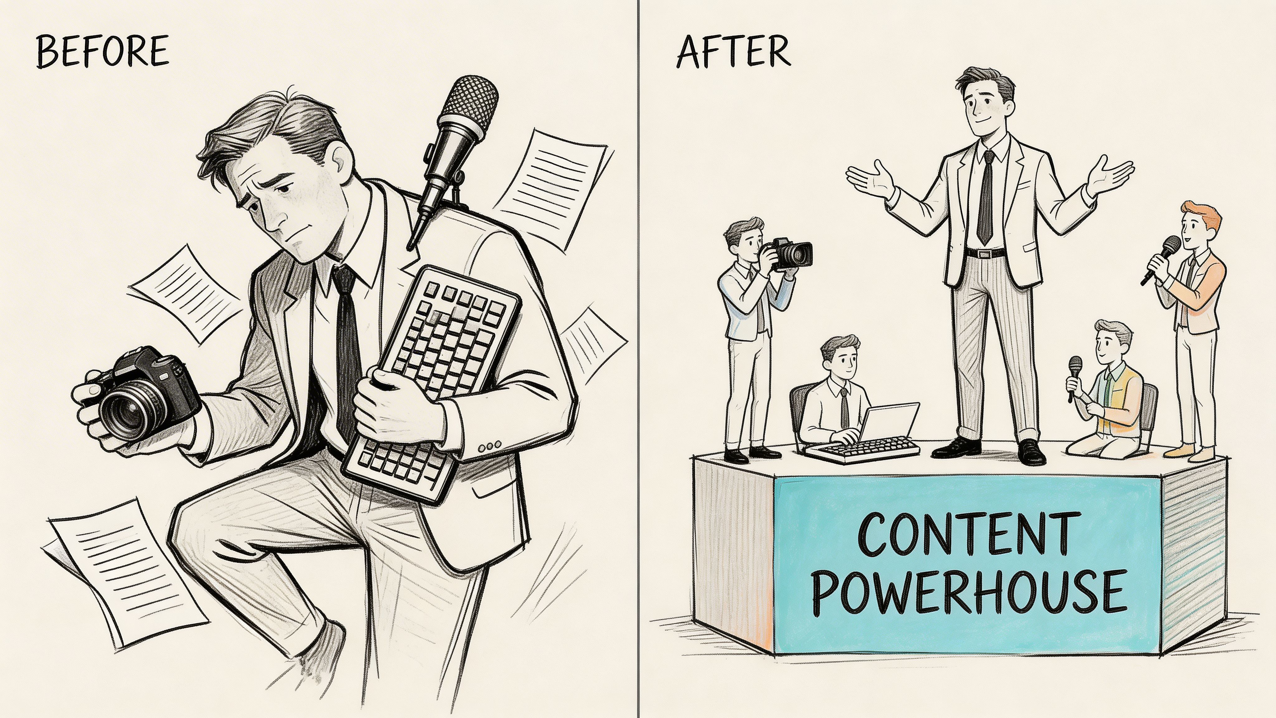 A split image showing a single overwhelmed professional versus a team working together as a content powerhouse.