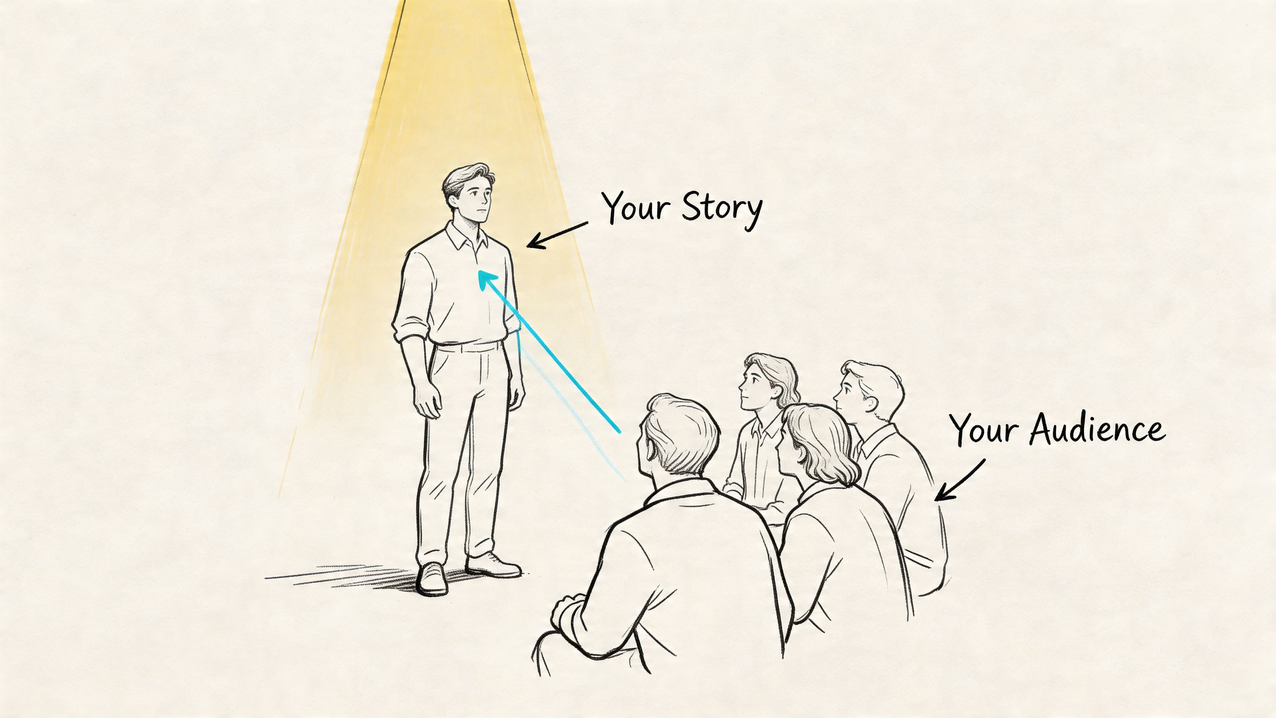 A line drawing illustration showing a person standing in a spotlight, representing a storyteller addressing an audience.