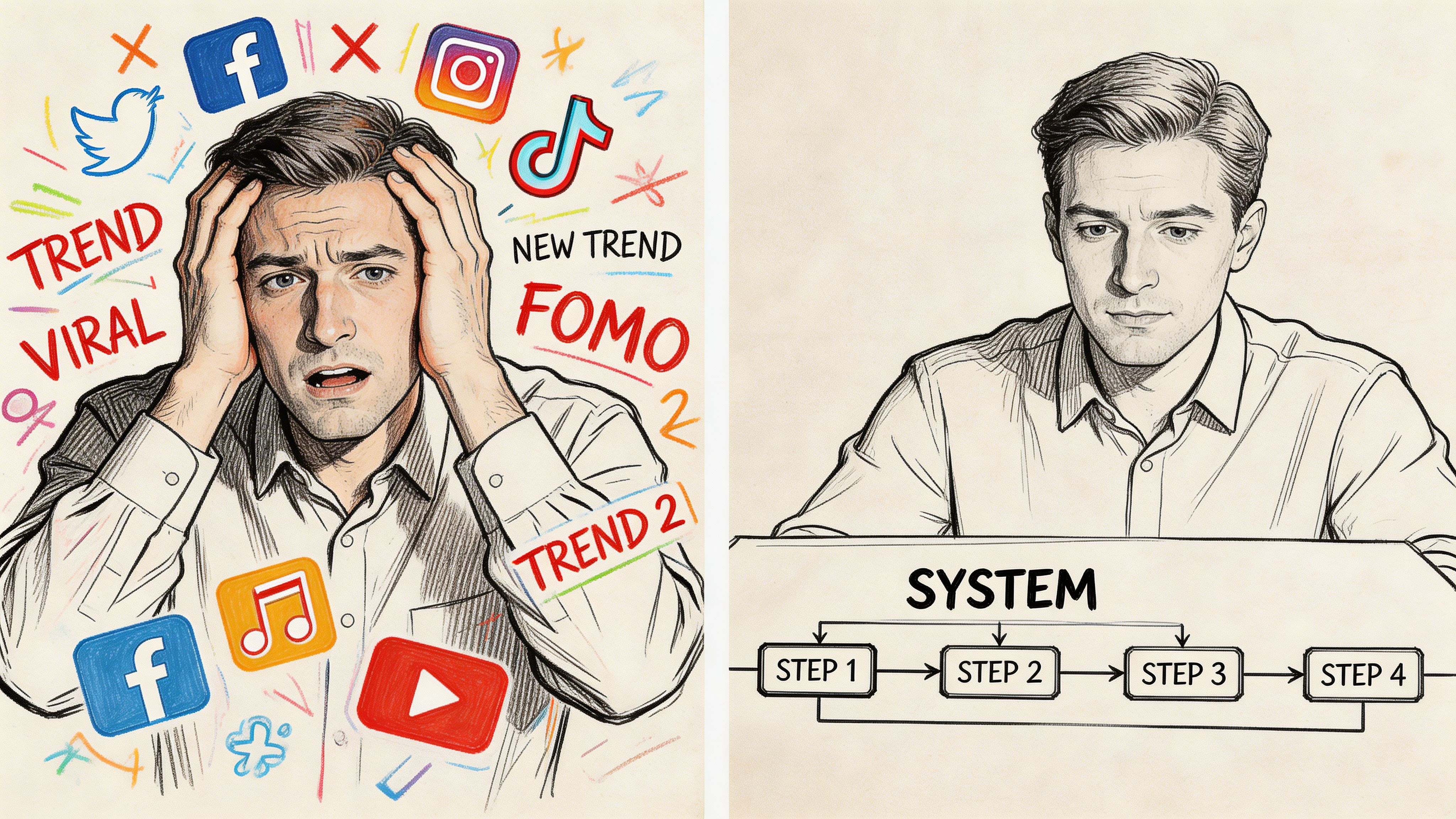 A split image showing a stressed man overwhelmed by social media versus a focused man following a systematic process.
