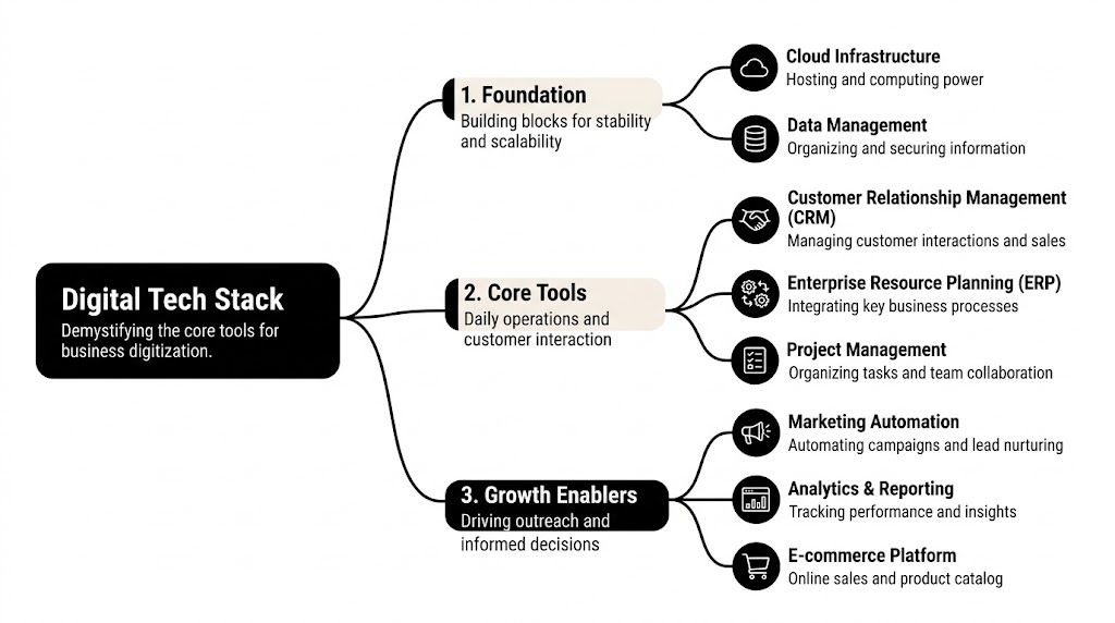 A digital tech stack diagram showing foundation, core tools, and growth enablers for business digitization.