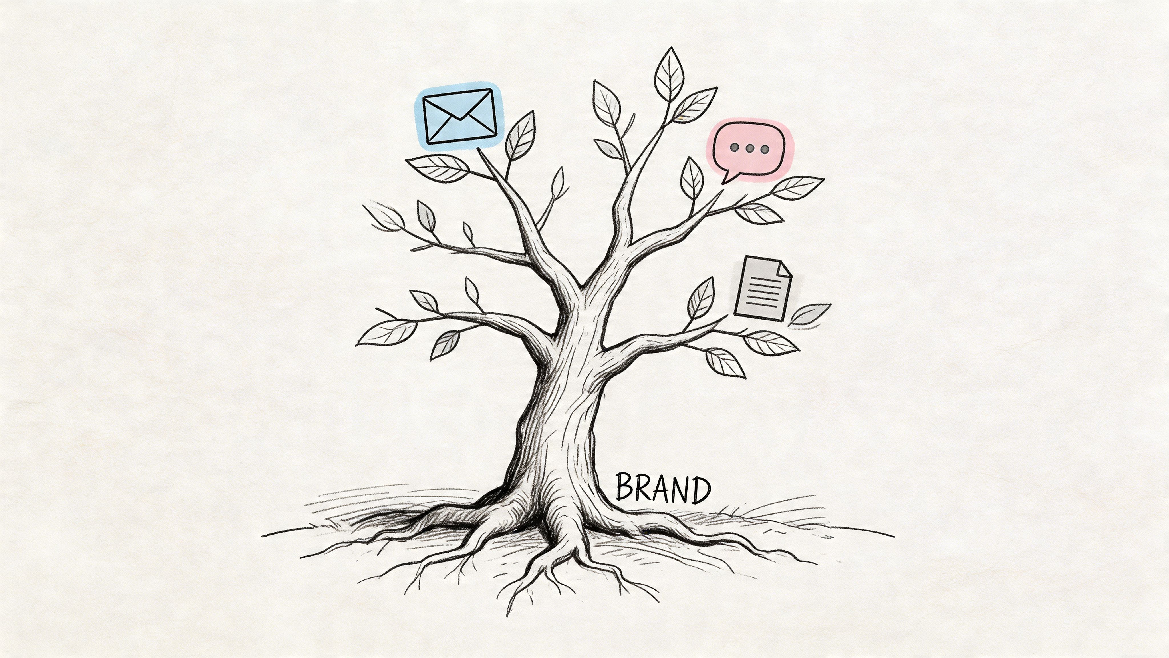 A hand-drawn illustration of a tree representing brand growth with communication and document icons as leaves.