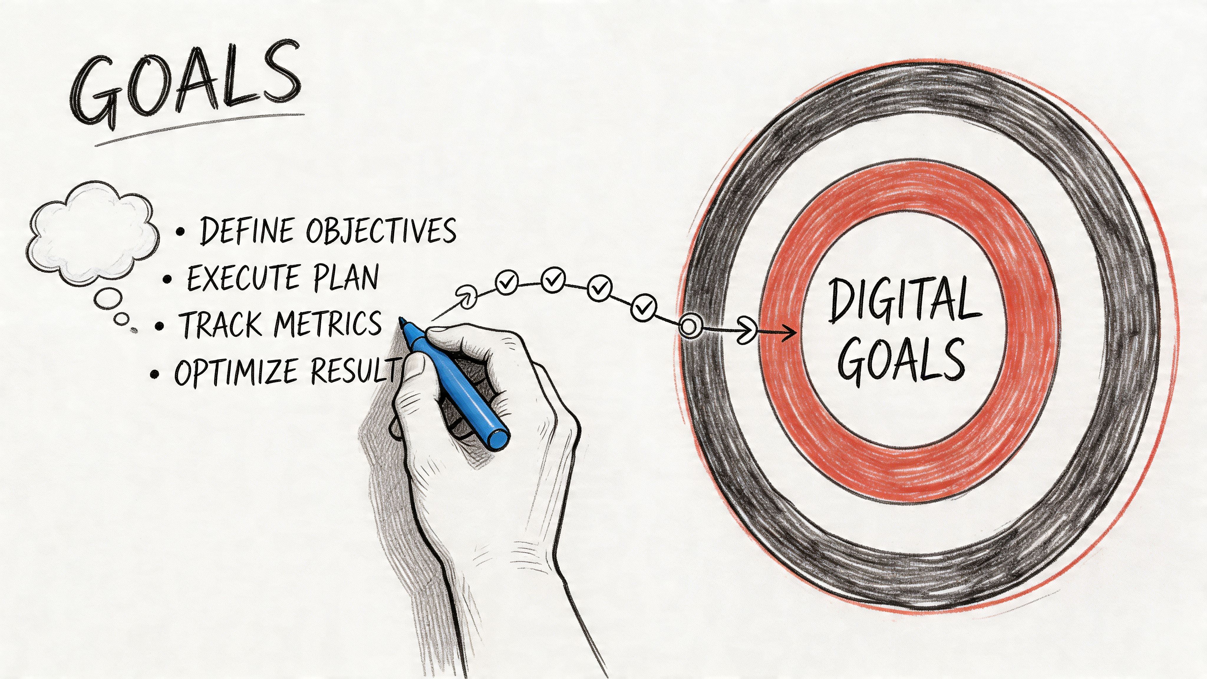 A hand drawing a path of progress leading into a target labeled with digital goals.