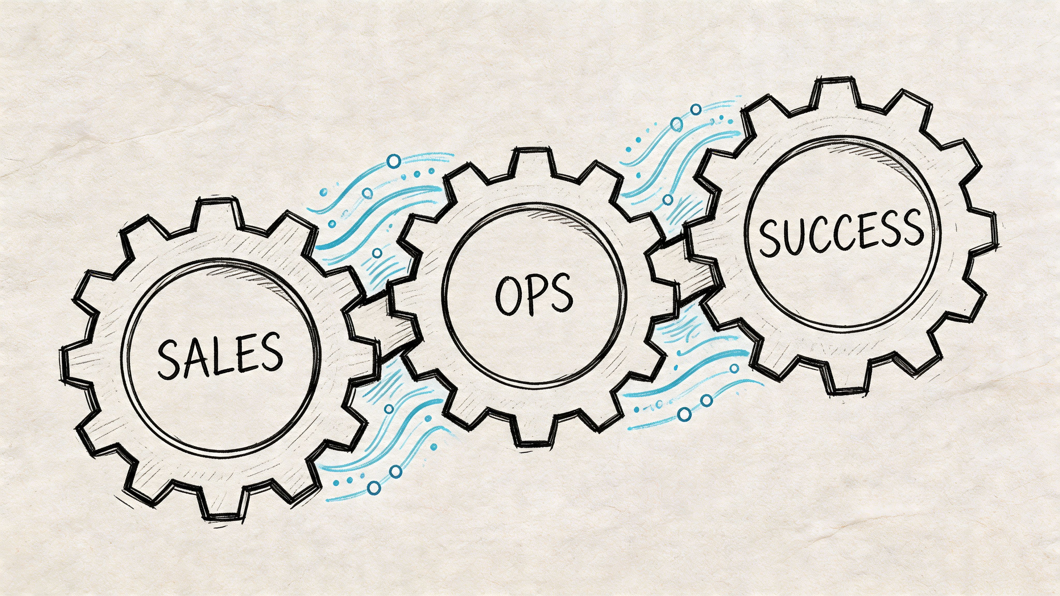 A hand-drawn sketch of three interconnected gears labeled Sales, Ops, and Success on a textured background.