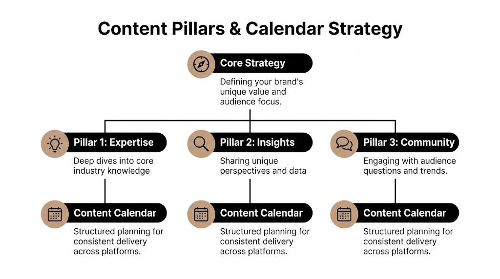 A diagram outlining a content pillars and calendar strategy to define brand value and audience engagement.