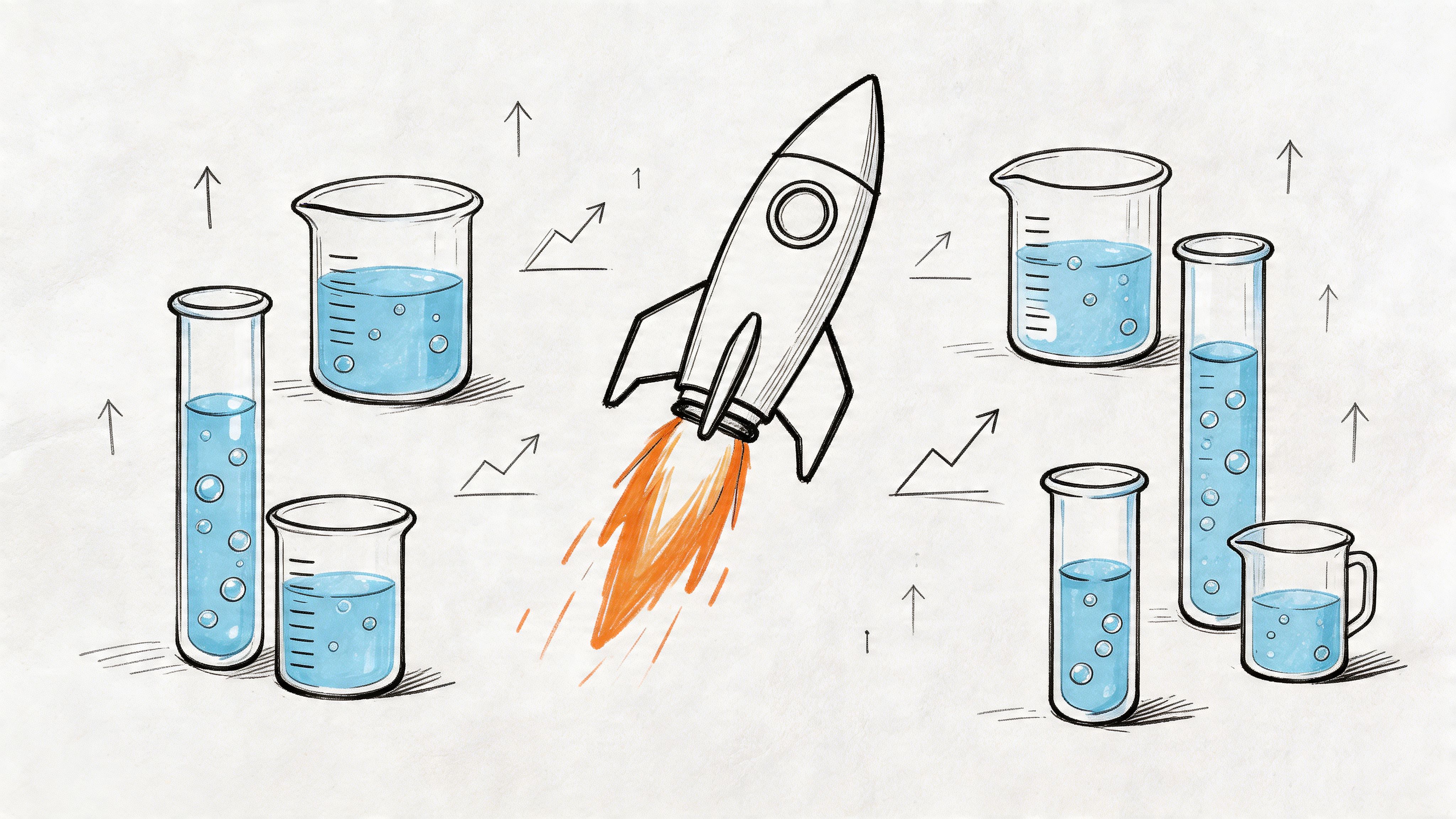 A hand-drawn illustration showing a rocket launching among various laboratory beakers and test tubes with growth arrows.