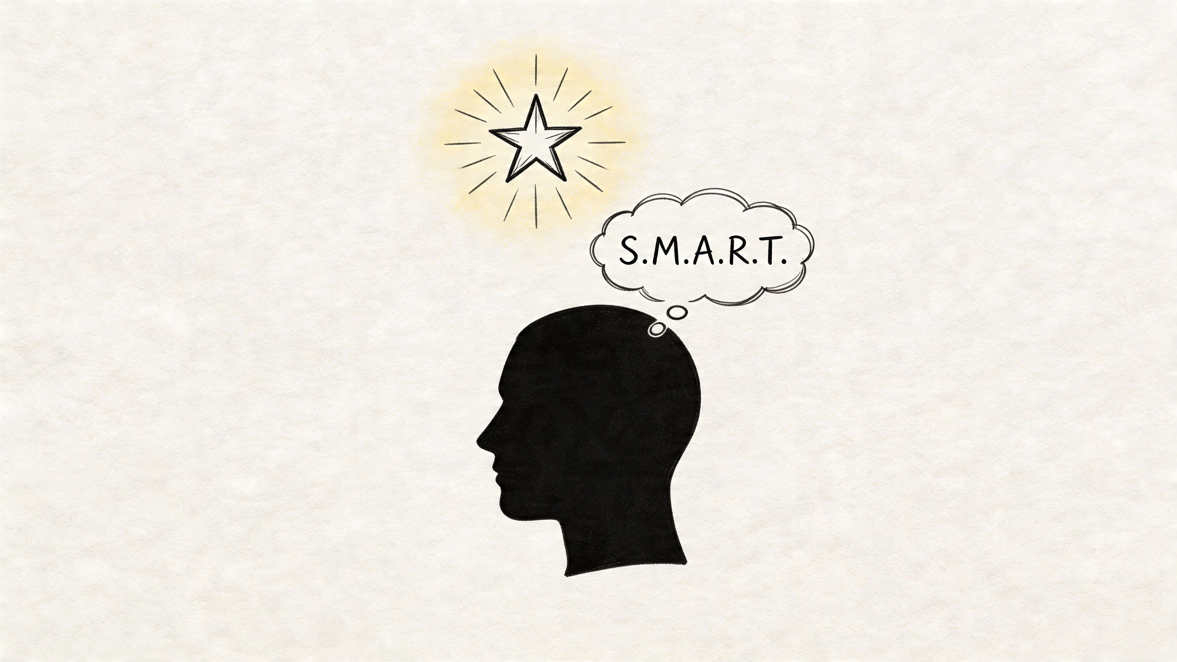 A silhouette of a human head thinking about S.M.A.R.T. goals under a glowing star.