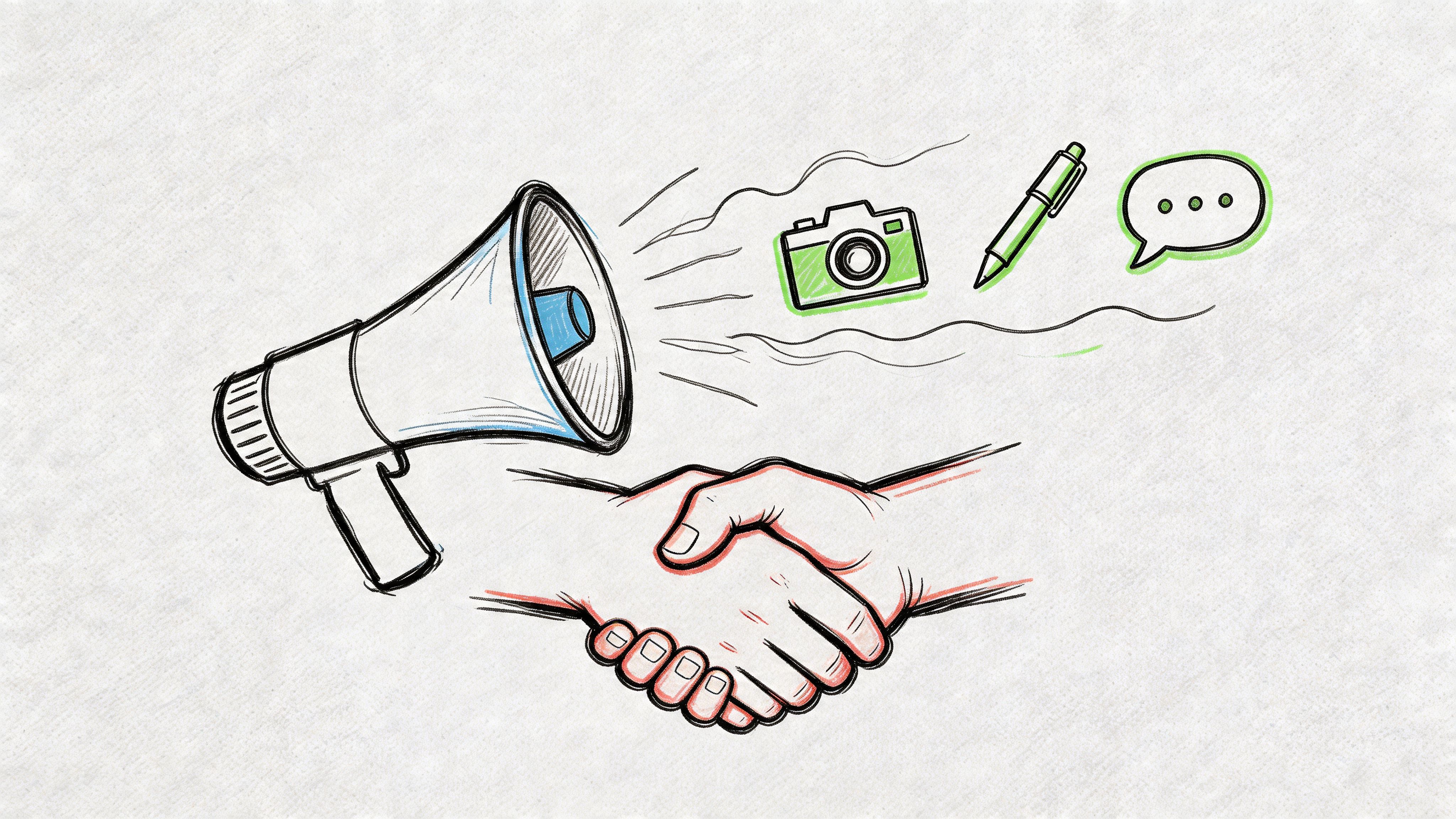 A line art sketch of a handshake and a megaphone with icons for camera, pen, and message bubble.
