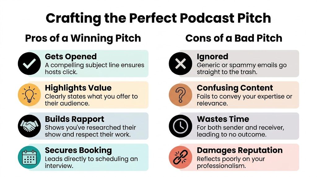 A comparison chart outlining the pros of winning podcast pitches versus the cons of bad ones.