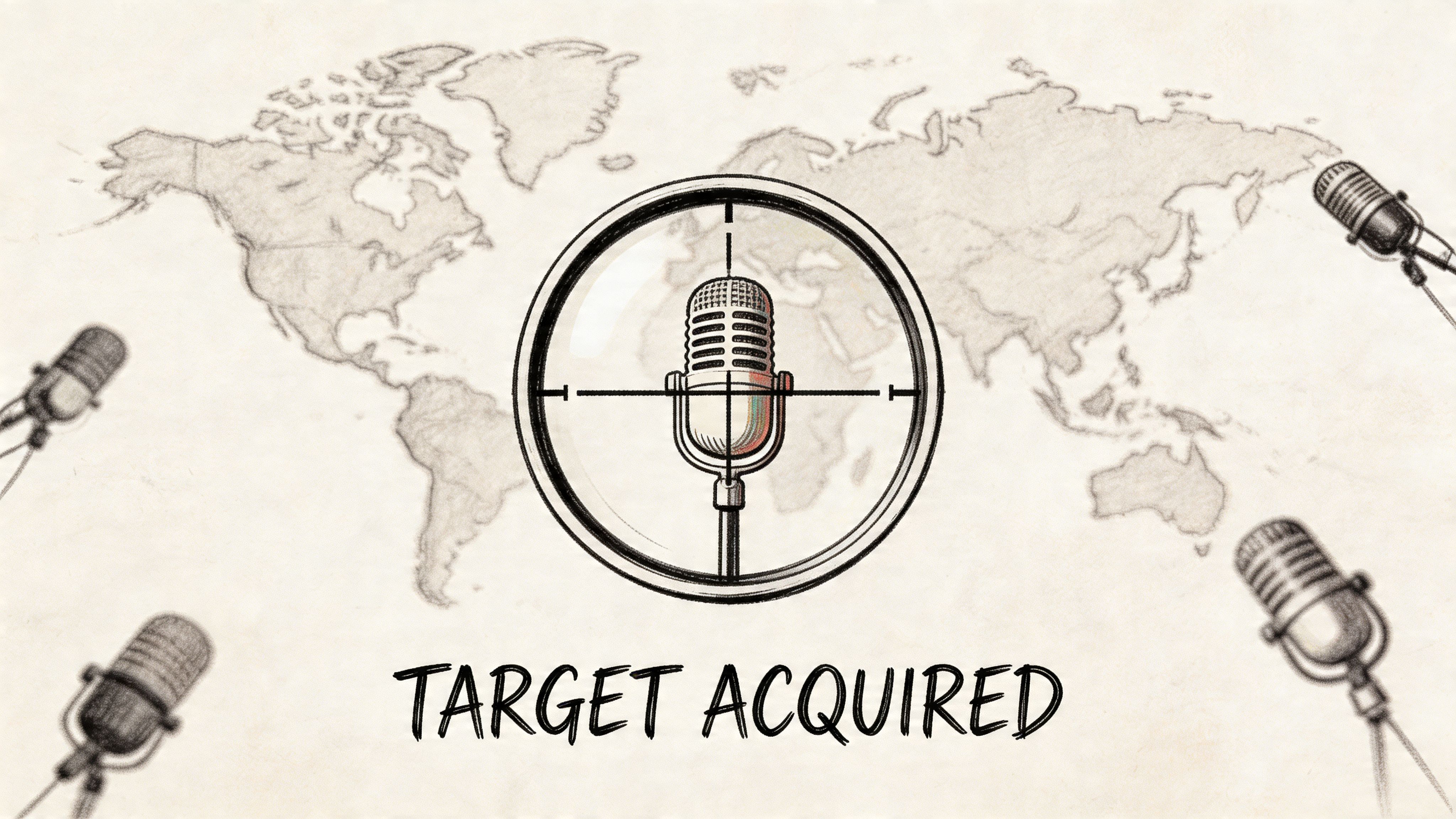 A sketched world map with a vintage microphone inside a target scope and text saying Target Acquired.