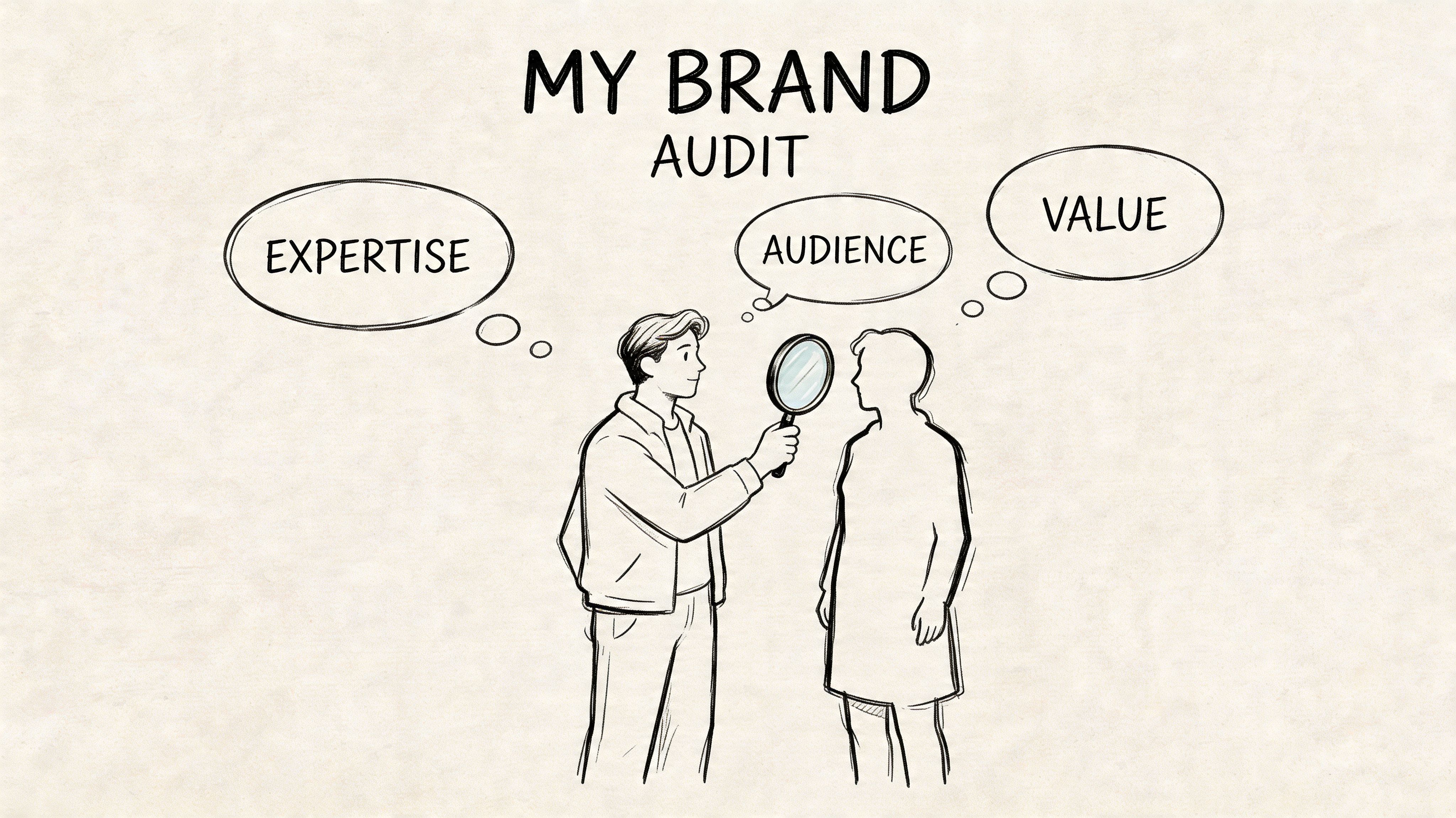 A sketched illustration depicting a brand audit process with focus areas including expertise, audience, and value.