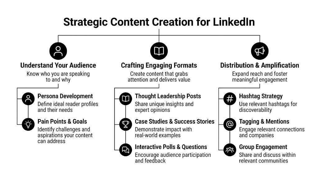 An organizational chart outlining strategic steps for creating effective and engaging LinkedIn content for your professional audience.