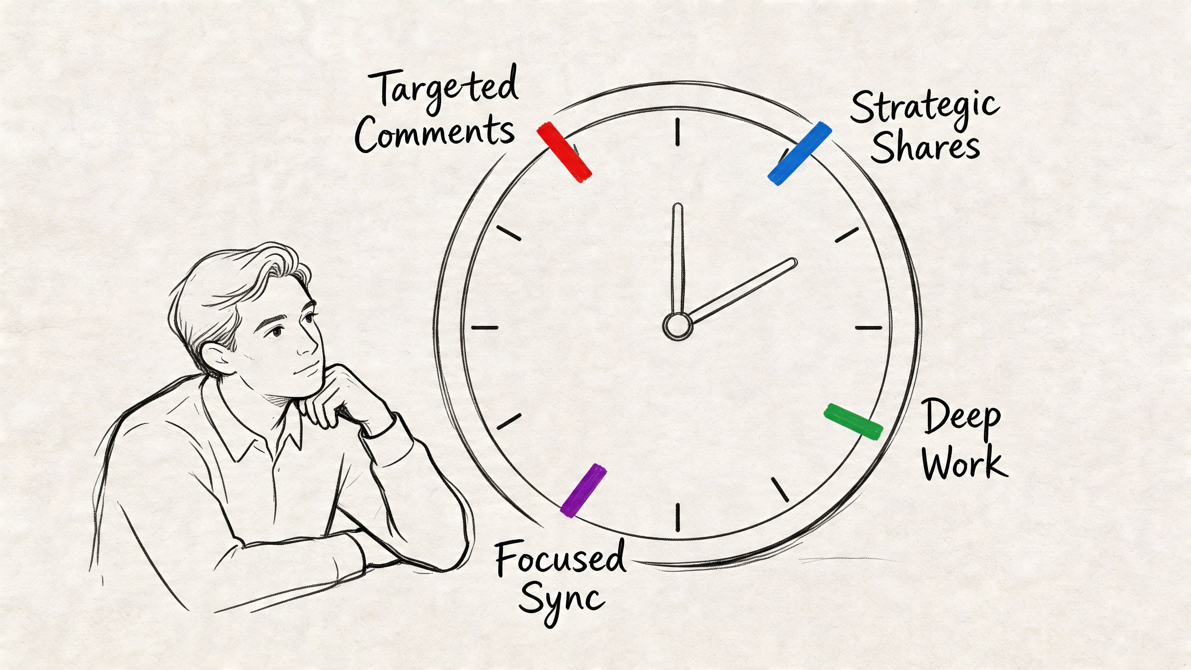 A sketched illustration of a man observing a clock labeled with LinkedIn-focused productivity tasks and time management.
