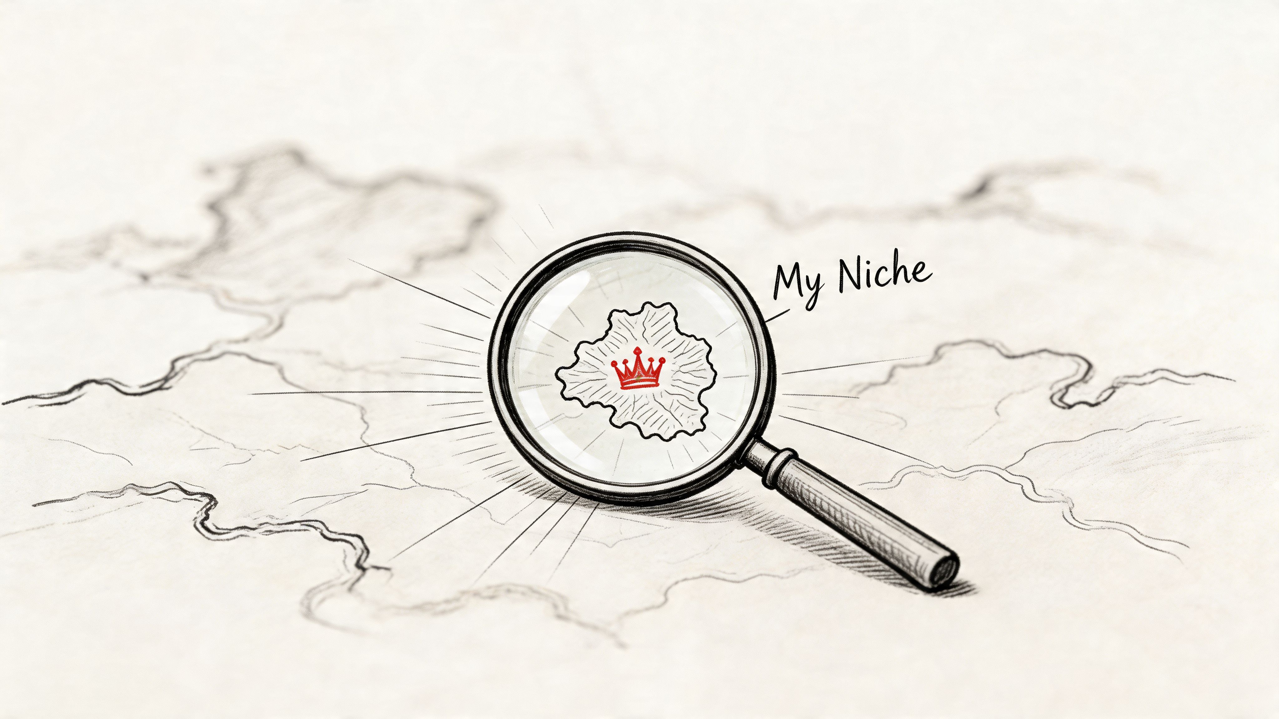 A magnifying glass focusing on a map with a red crown icon, symbolizing finding your professional niche.