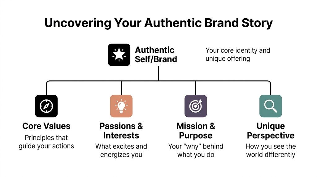 A diagram illustrating the four key components to uncovering your authentic brand story and core identity.