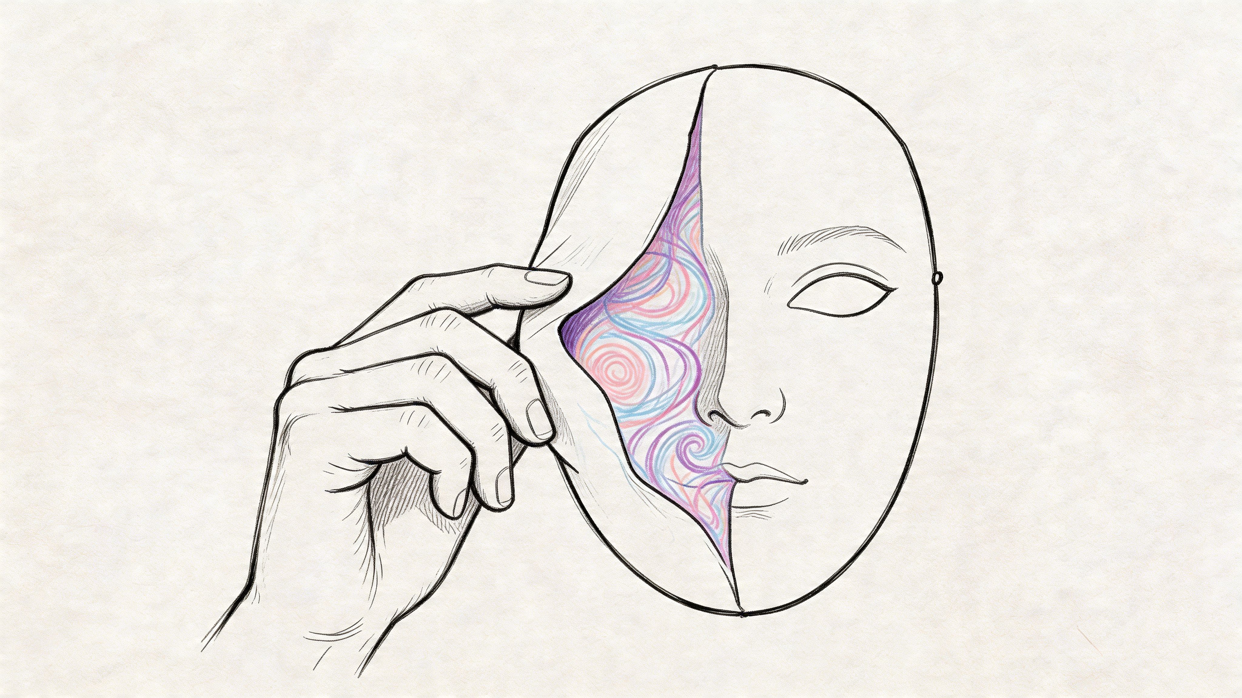 A hand peeling away a mask to reveal colorful swirling patterns underneath, representing hidden inner self.