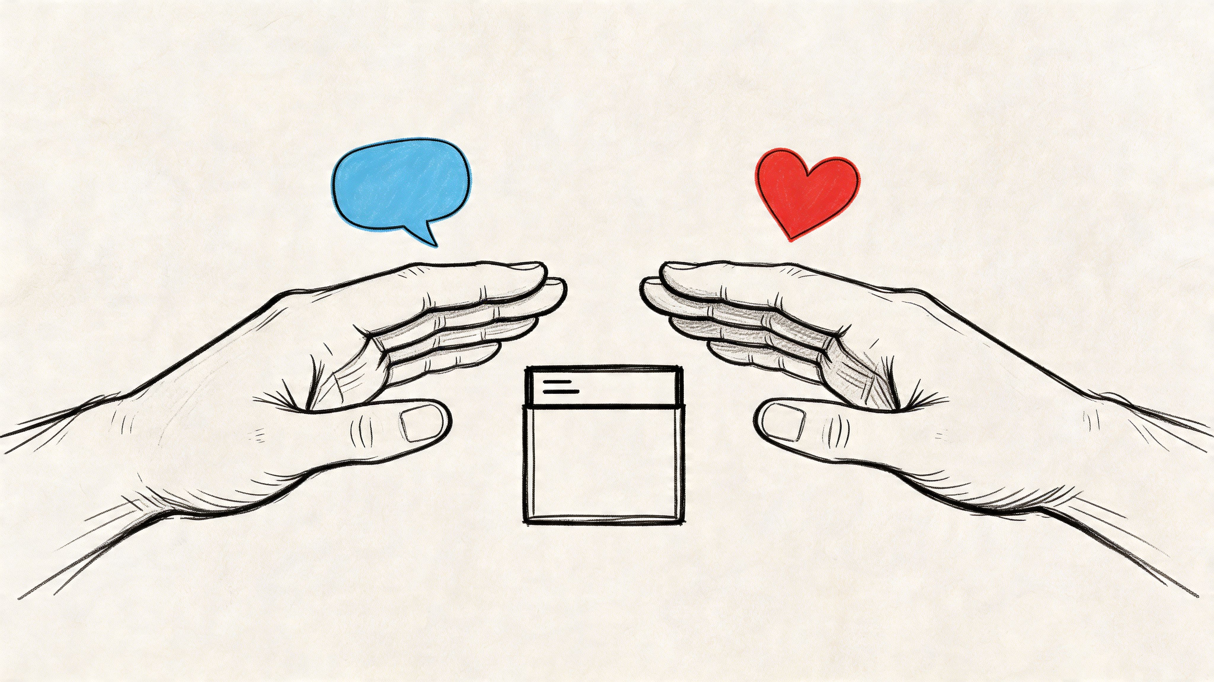 A hand-drawn illustration showing two hands surrounding a social media post icon with a speech bubble and heart.