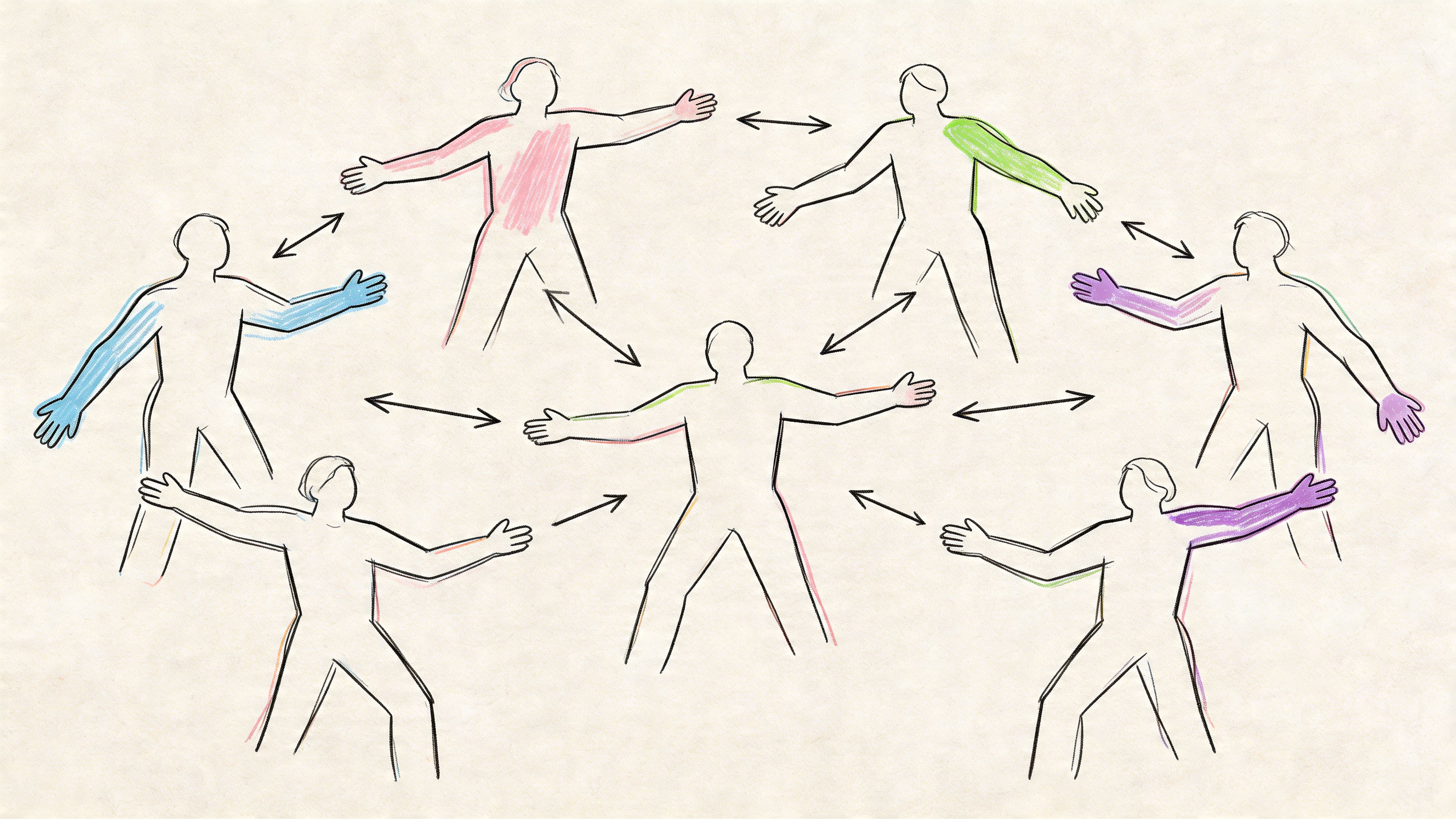 A conceptual line art drawing showing interconnected human figures representing social networking and human connection.