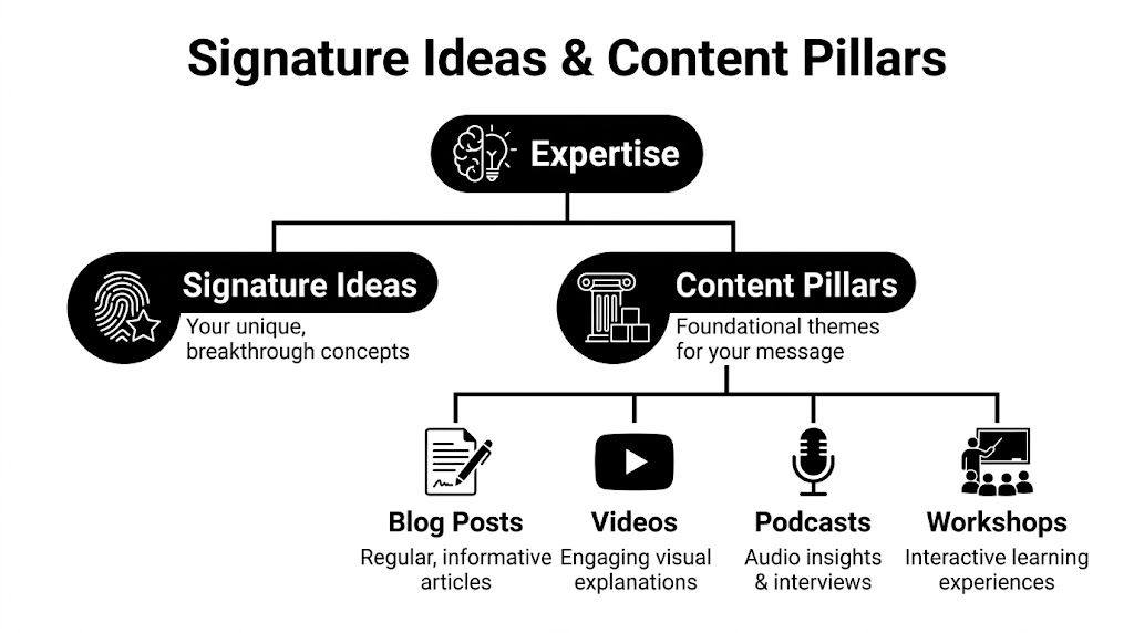A diagram illustrating how signature ideas and content pillars build expertise through various media formats.