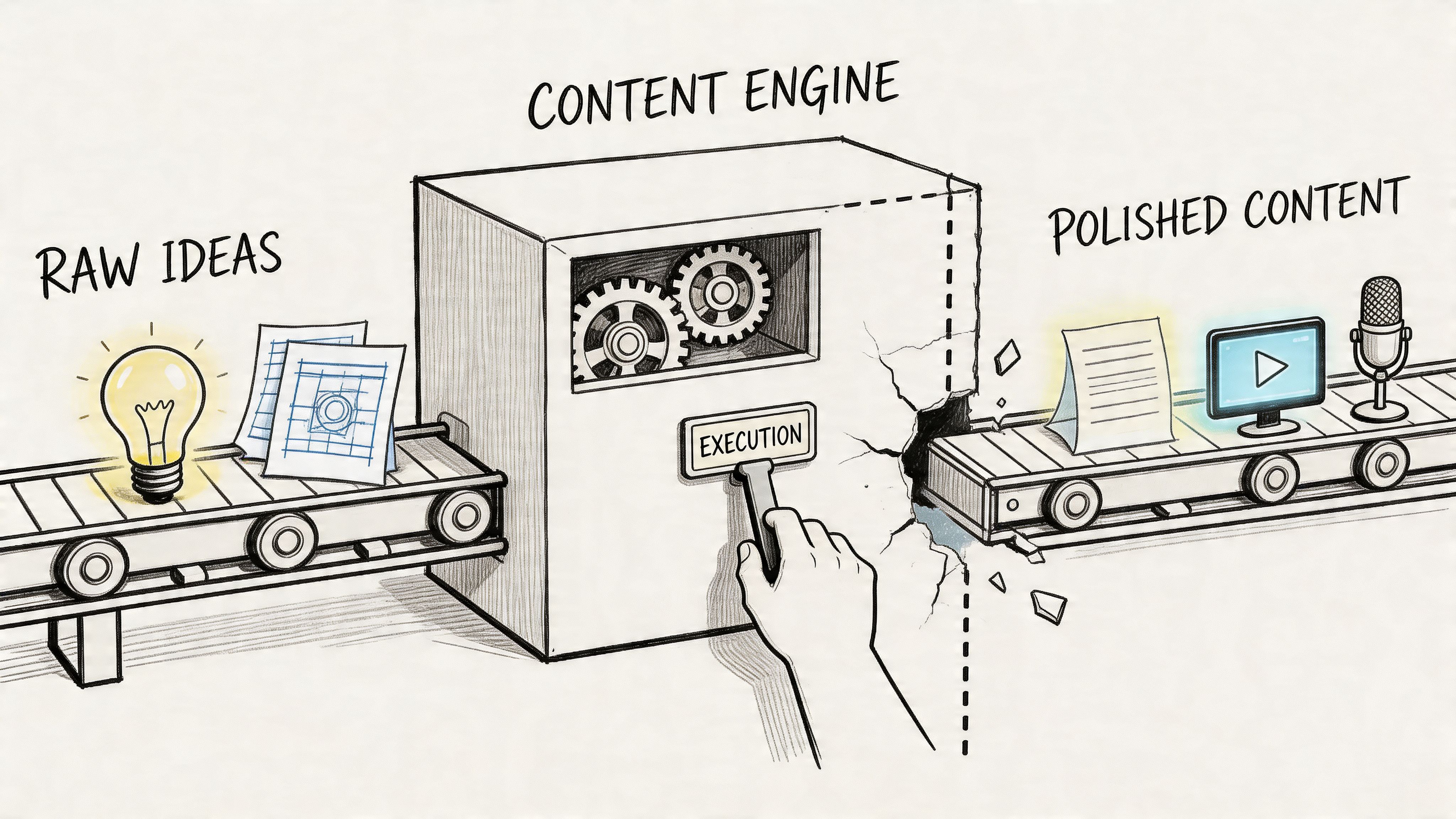 A hand operating a content engine machine that transforms raw ideas into polished digital content pieces.