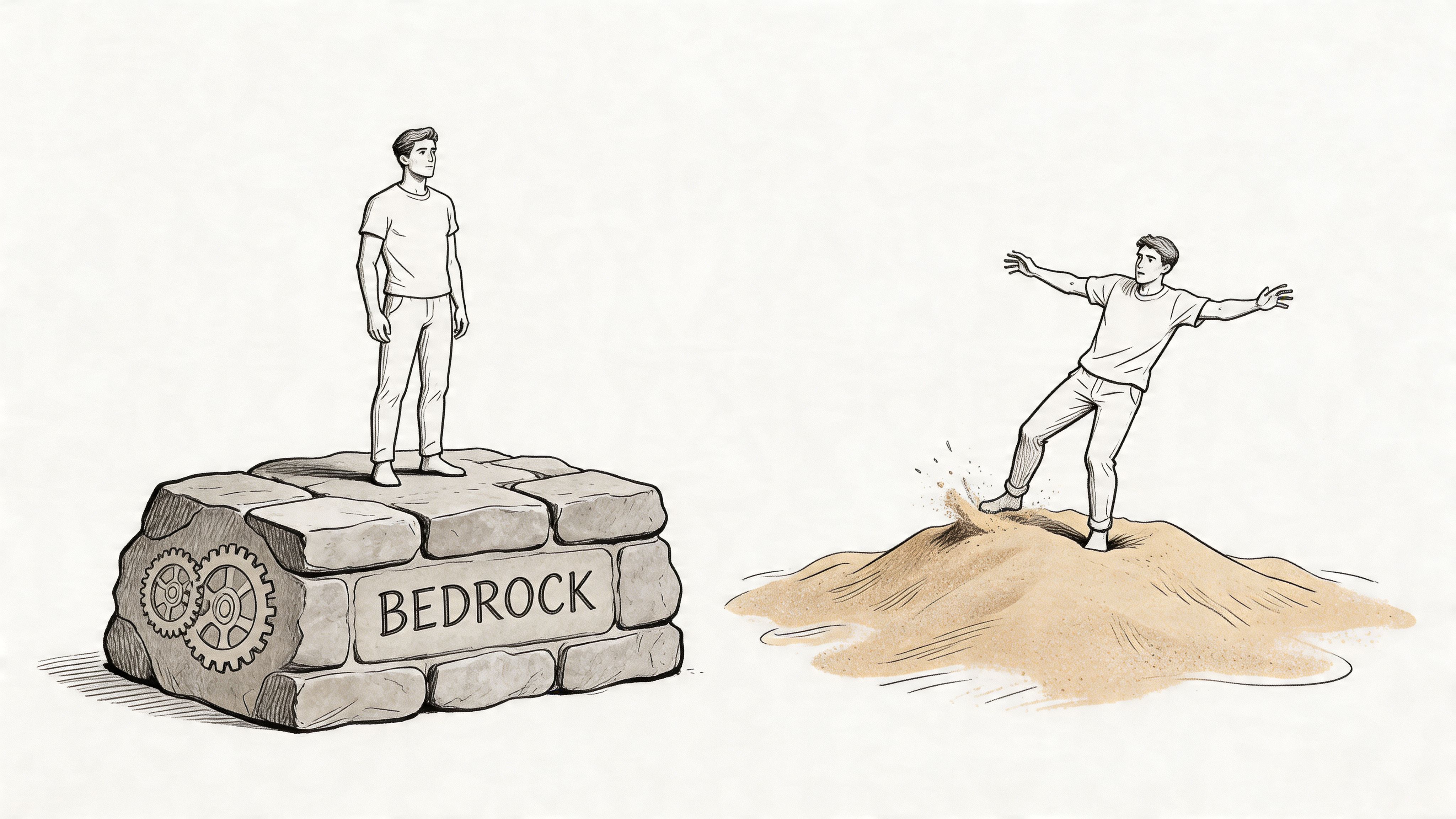 A conceptual illustration showing a man standing steadily on bedrock versus a man sinking into shifting sand.