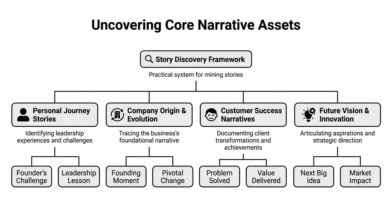 A diagram illustrating the Story Discovery Framework for uncovering core business narrative assets through four key categories.