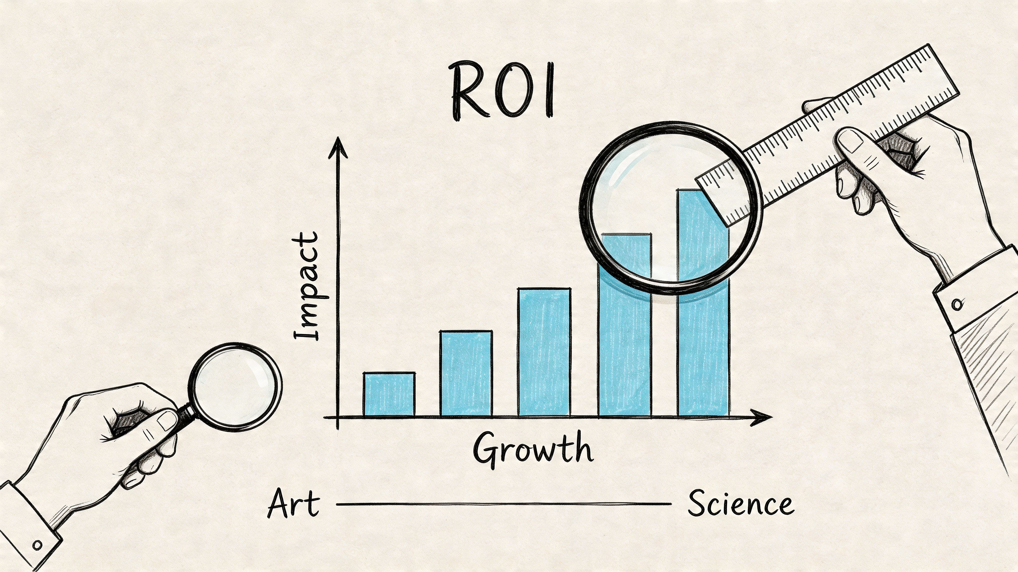 A hand examines a bar chart showing growth and impact using a magnifying glass and ruler.