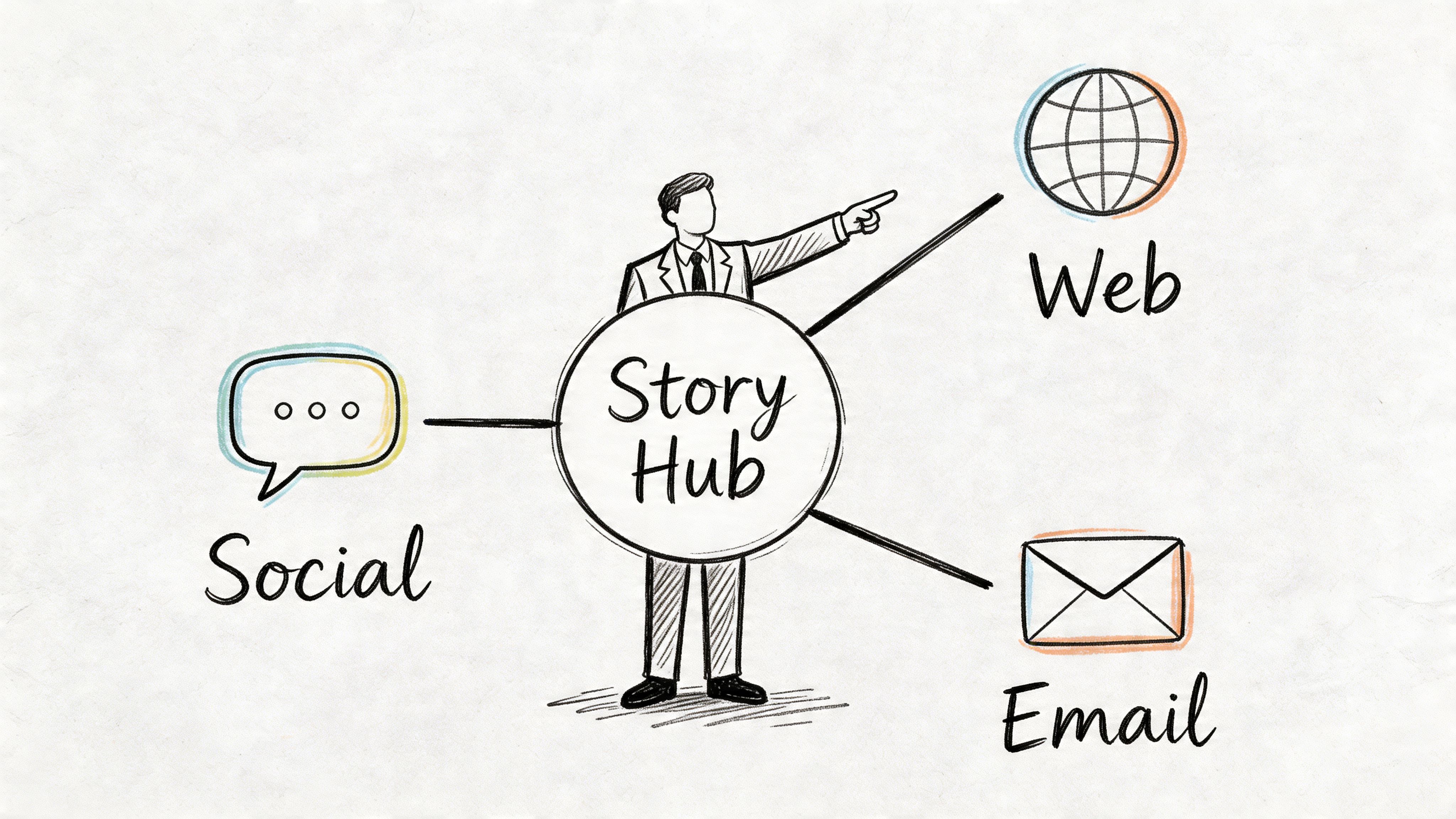 A sketched illustration showing a central Story Hub connected to Social, Web, and Email communication channels.