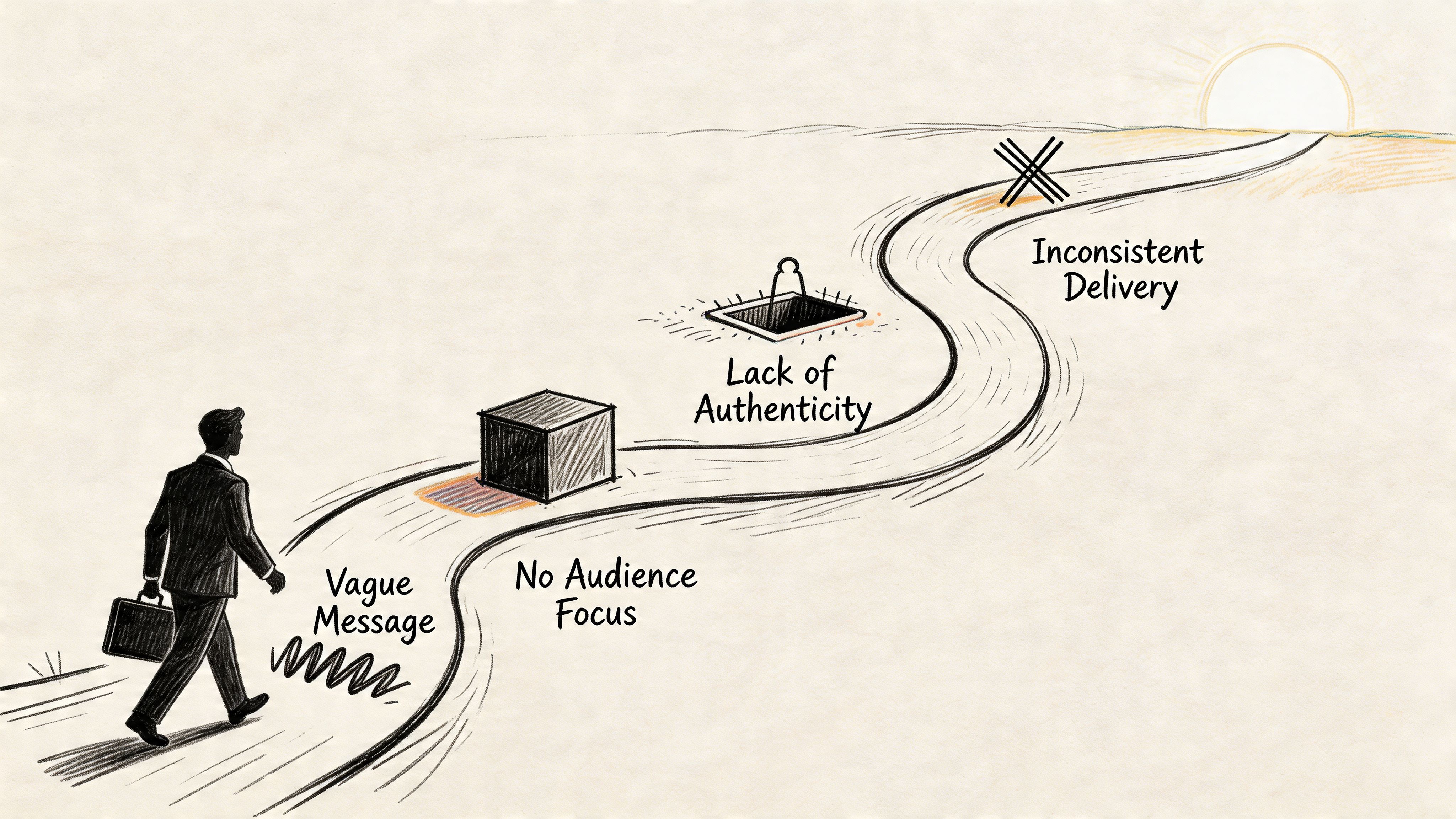 A businessman walking on a path encountering obstacles labeled with common communication and branding mistakes.