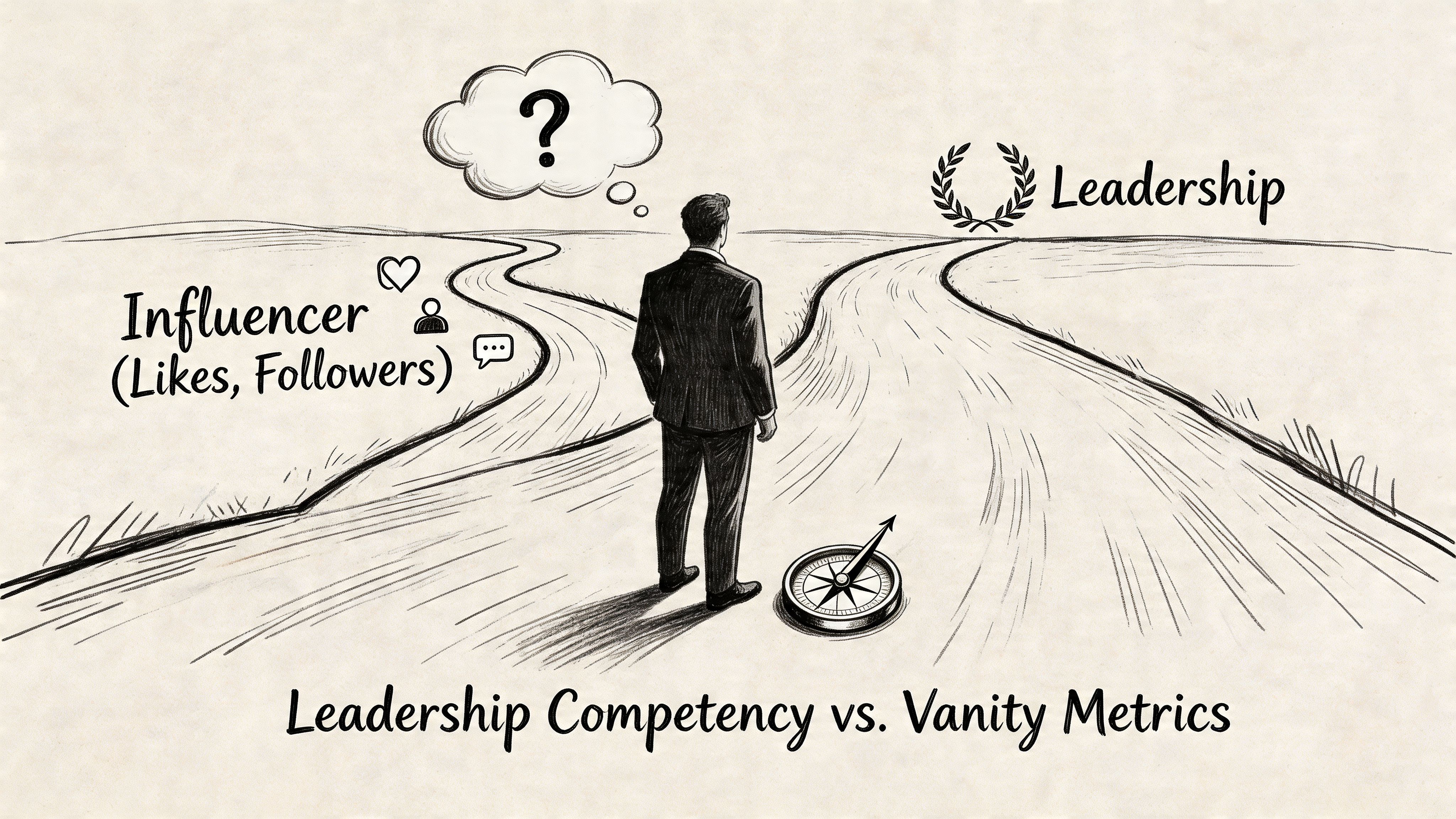 A businessman standing at a crossroads choosing between influencer vanity metrics and true professional leadership.