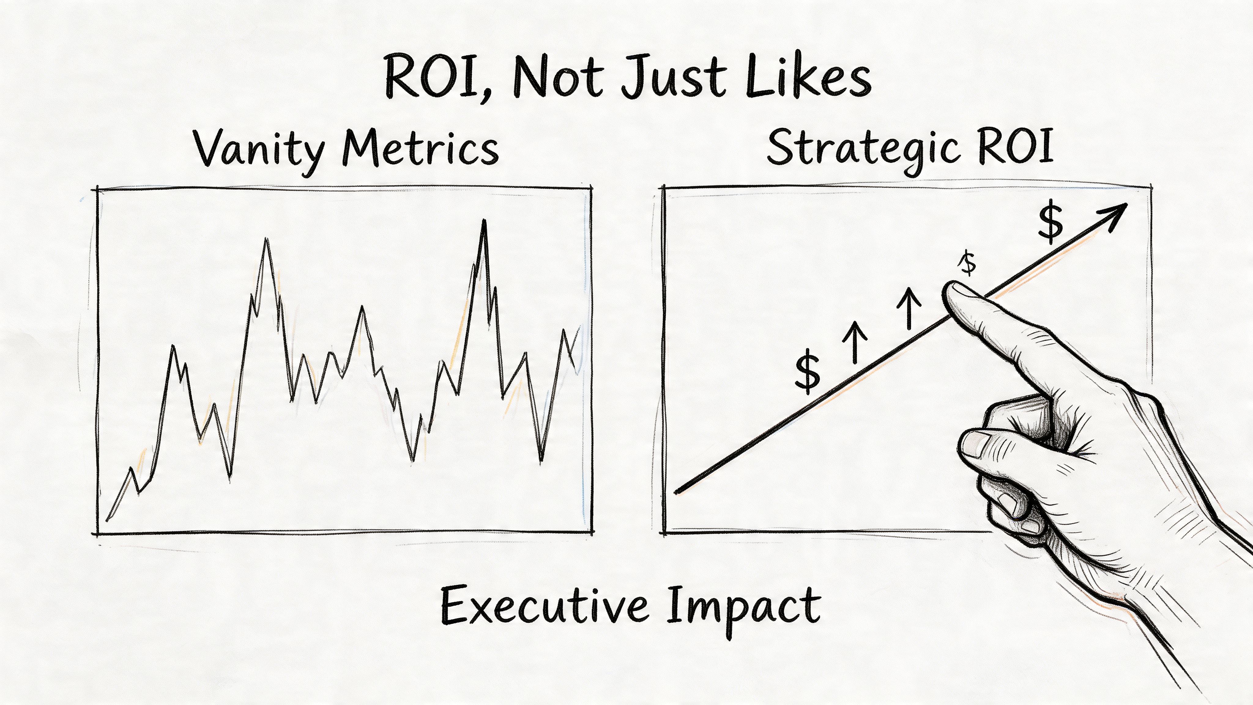 A hand drawing pointing to an upward trend line on a chart comparing vanity metrics to strategic ROI.
