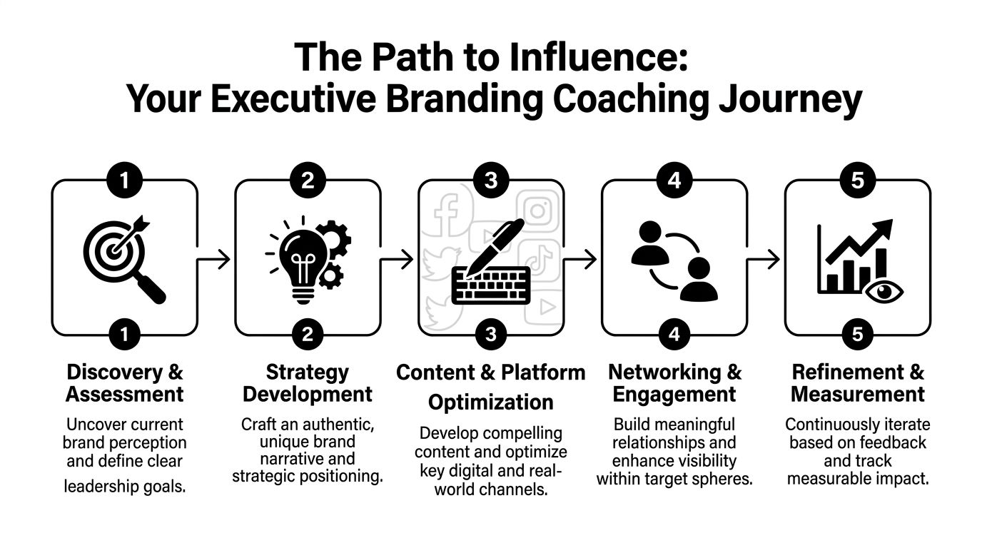 A five-step roadmap illustrating the executive personal branding coaching journey from discovery to measurement and refinement.