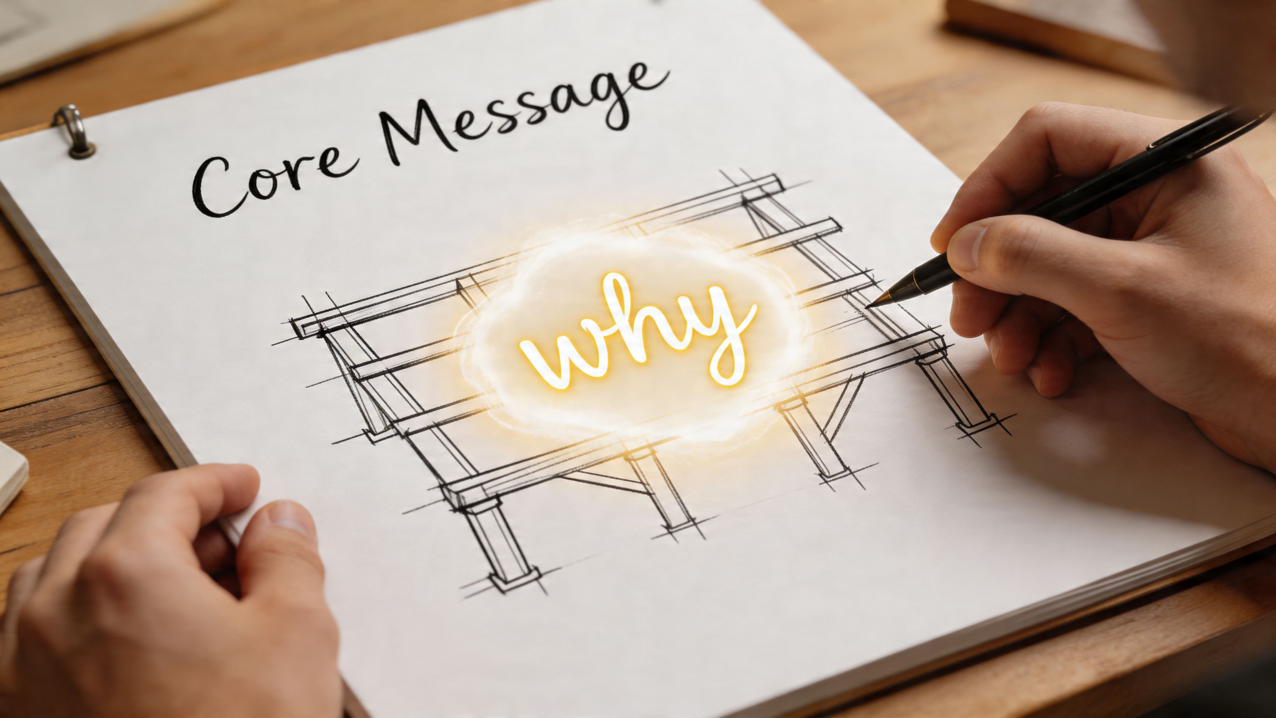 A hand sketching a construction framework with a glowing why text at the center of the structure.