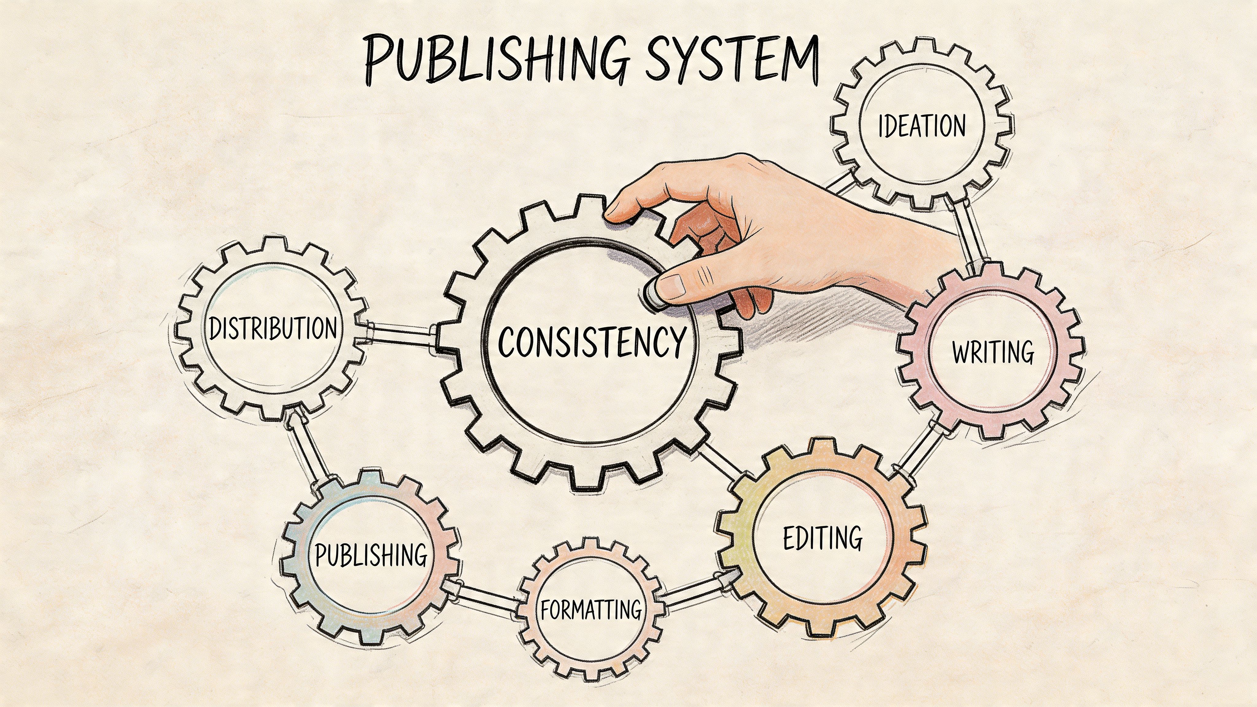 A conceptual diagram showing a hand adjusting the consistency gear in a publishing system flowchart.