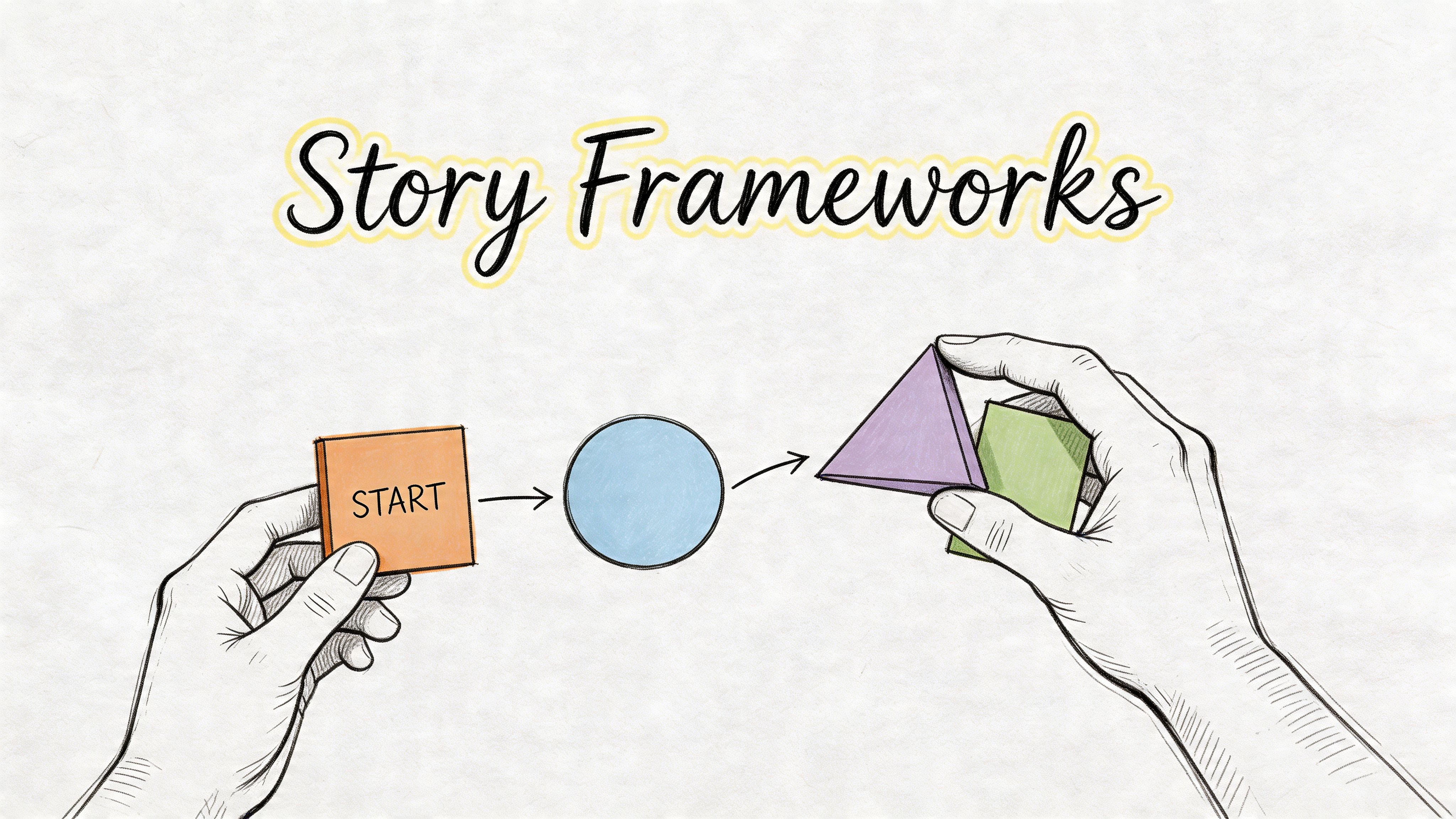A hand-drawn illustration showing hands arranging colored geometric shapes in a sequence to represent story frameworks.