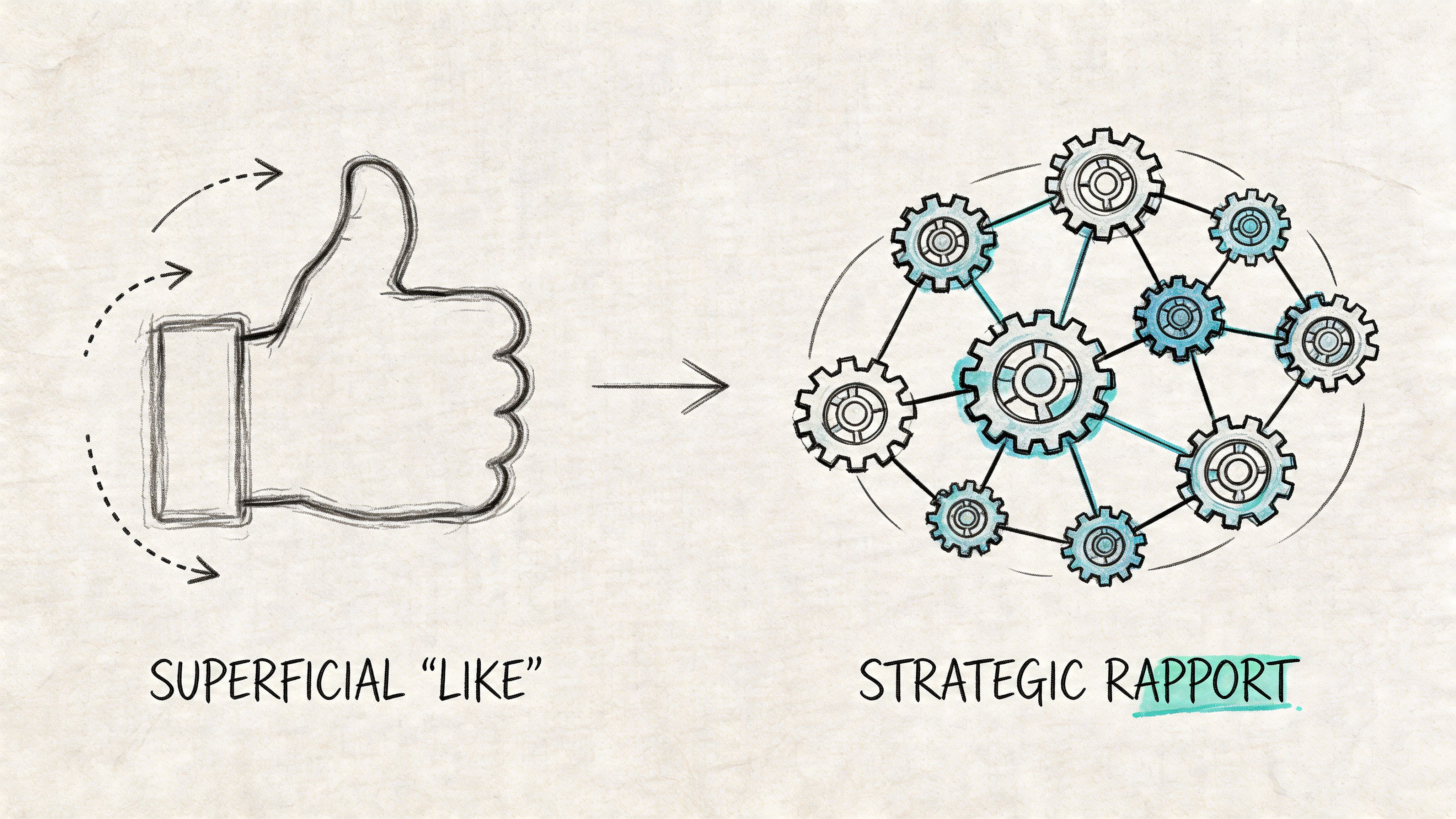 A hand-drawn illustration showing a transition from a simple thumbs-up icon to a complex interconnected gear system.