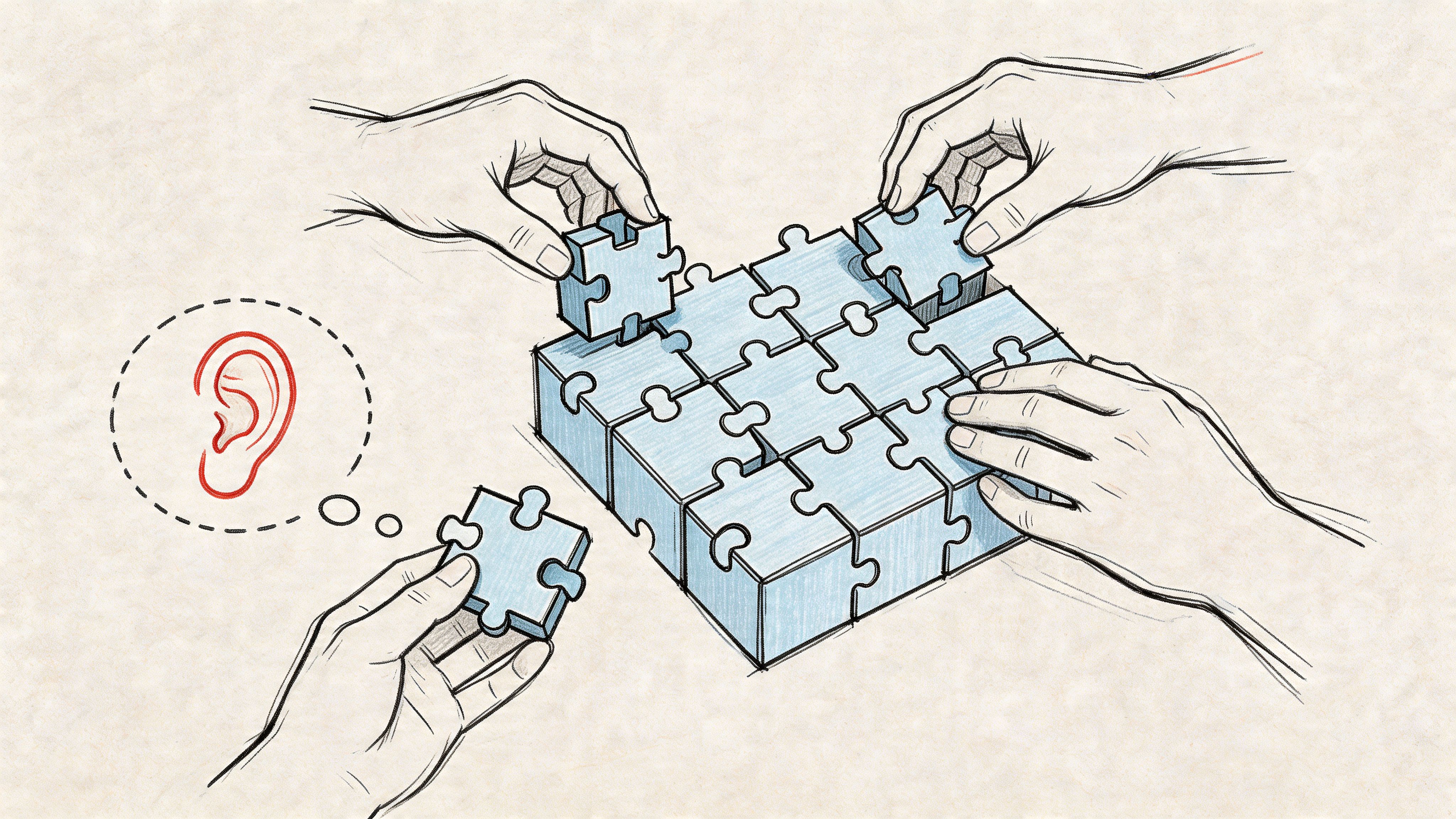 A hand-drawn illustration showing multiple hands collaborating to complete a puzzle, symbolizing teamwork and rapport.