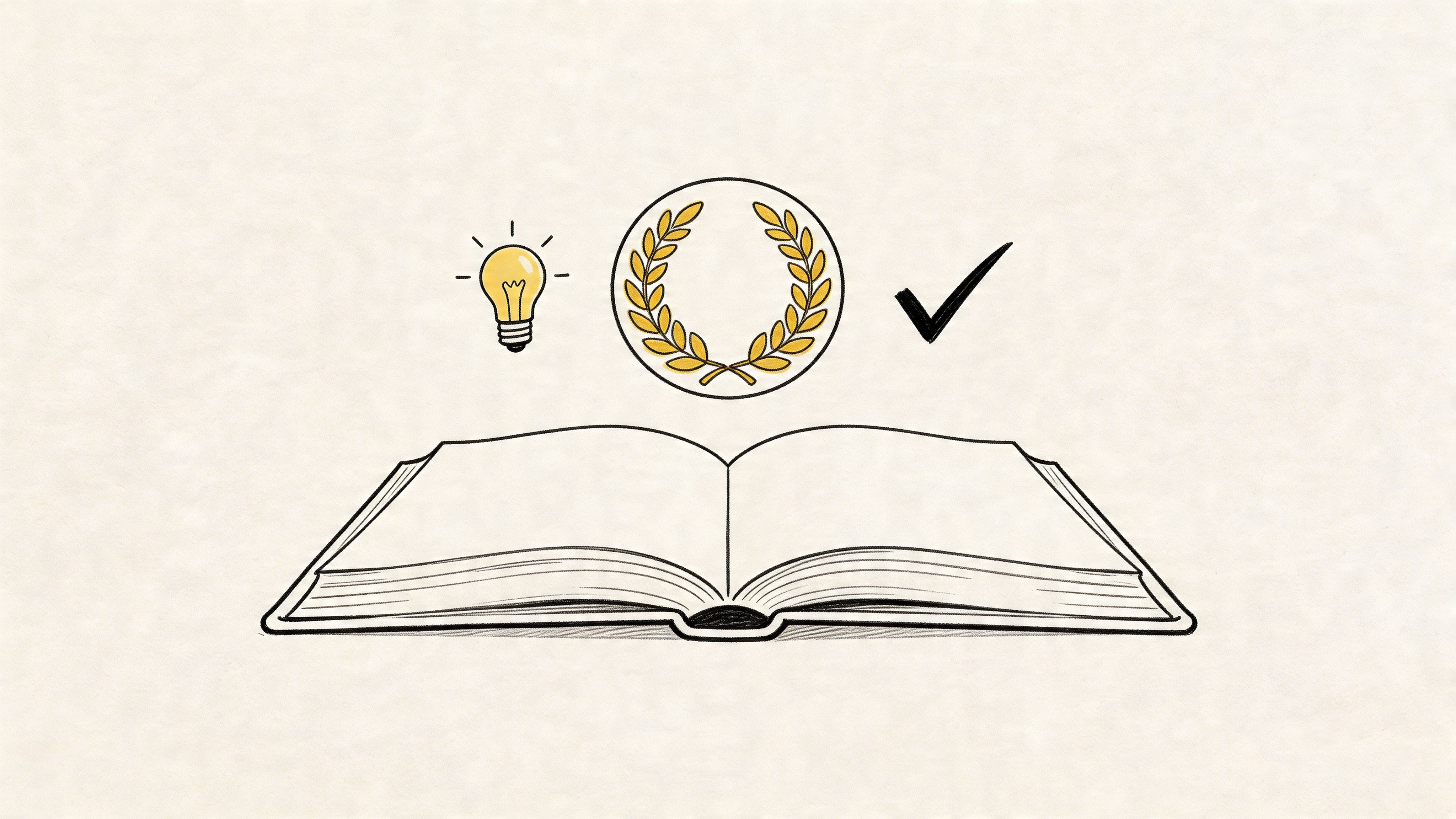 A line art illustration showing an open book, a light bulb, a laurel wreath, and a checkmark.