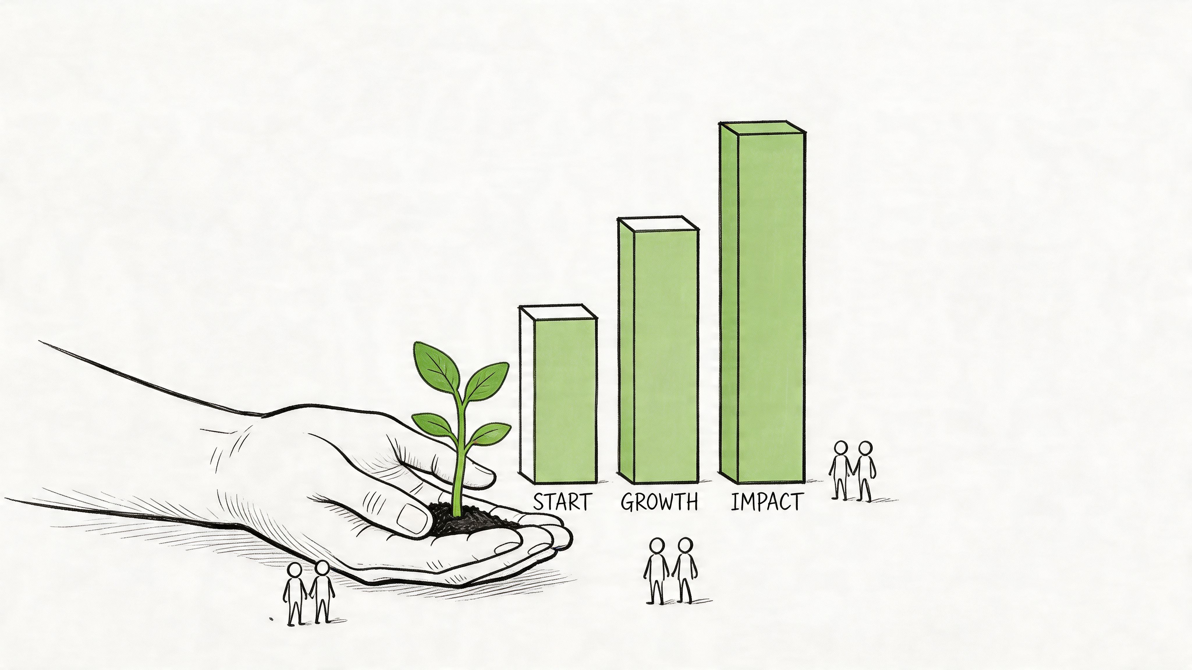 A hand holding a sprout next to a growing bar graph showing stages of personal development