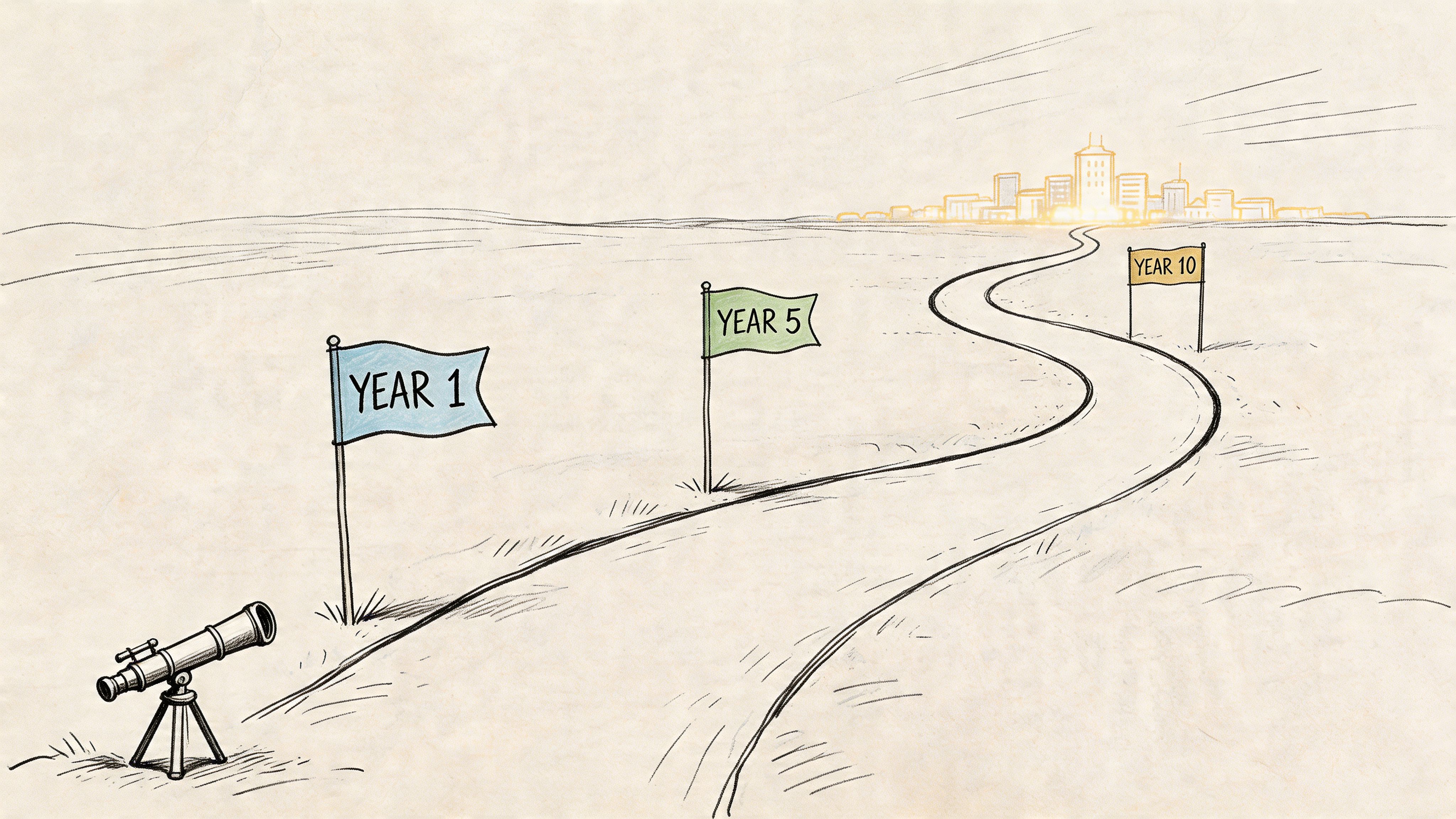 A telescope looking down a path toward a city with flags labeled year 1, 5, and 10.