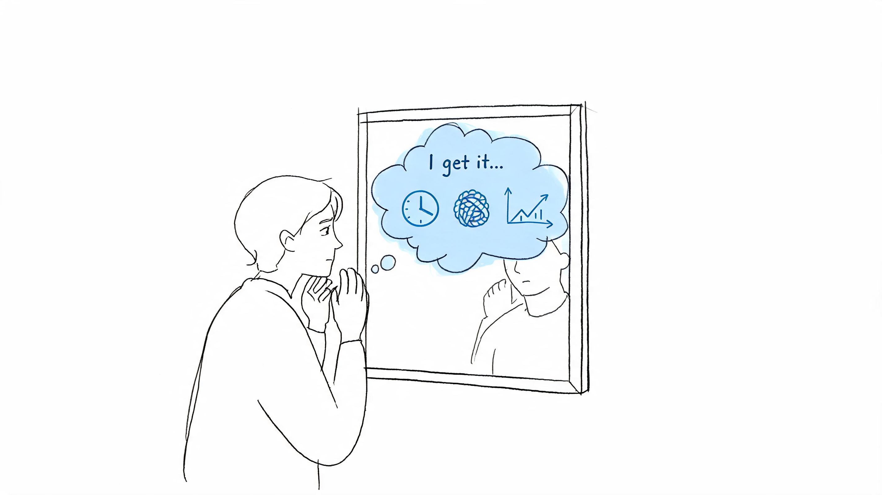 A line art illustration of a person staring into a mirror reflecting a realization about work complexity.