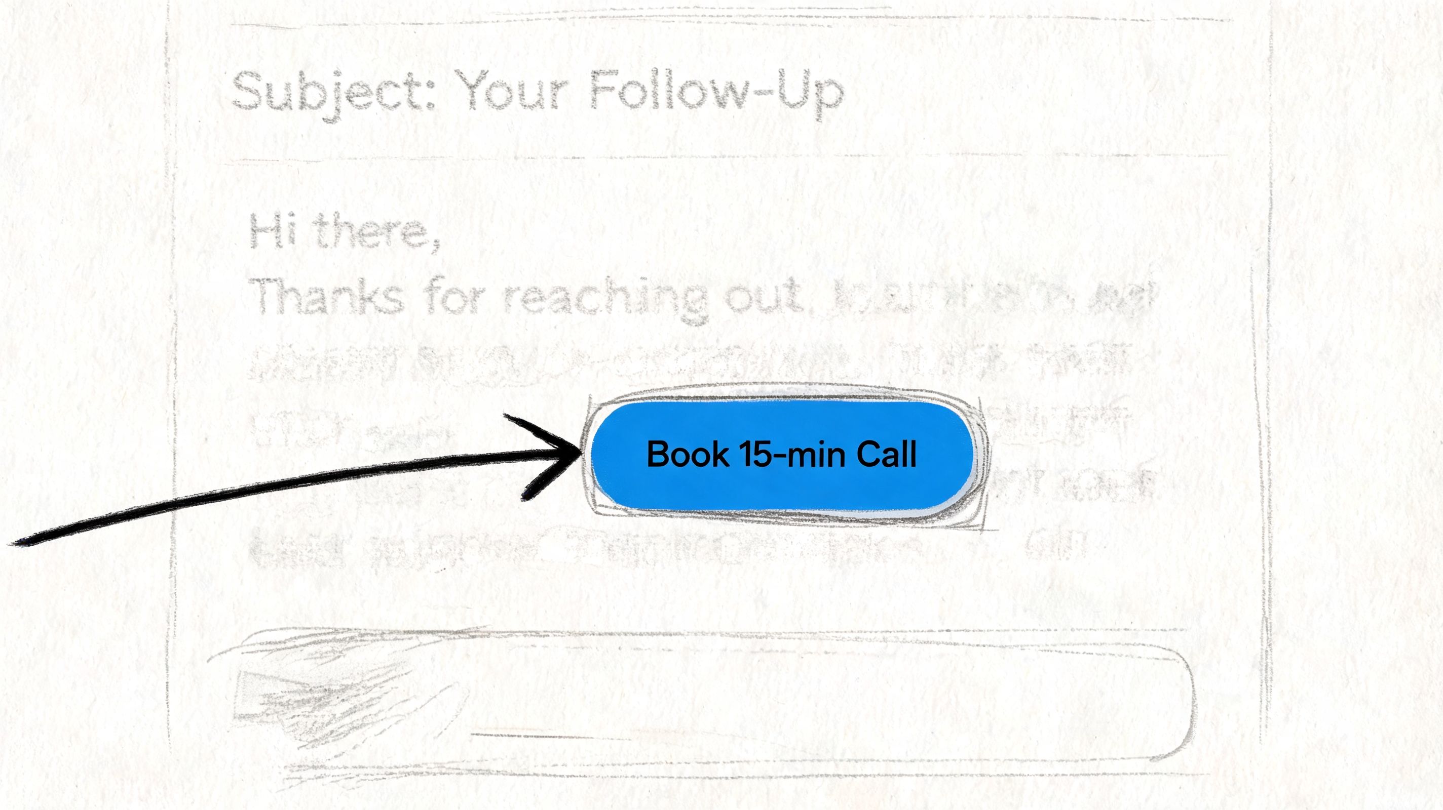 A pencil sketch of an email draft featuring a blue button labeled Book 15-min Call.