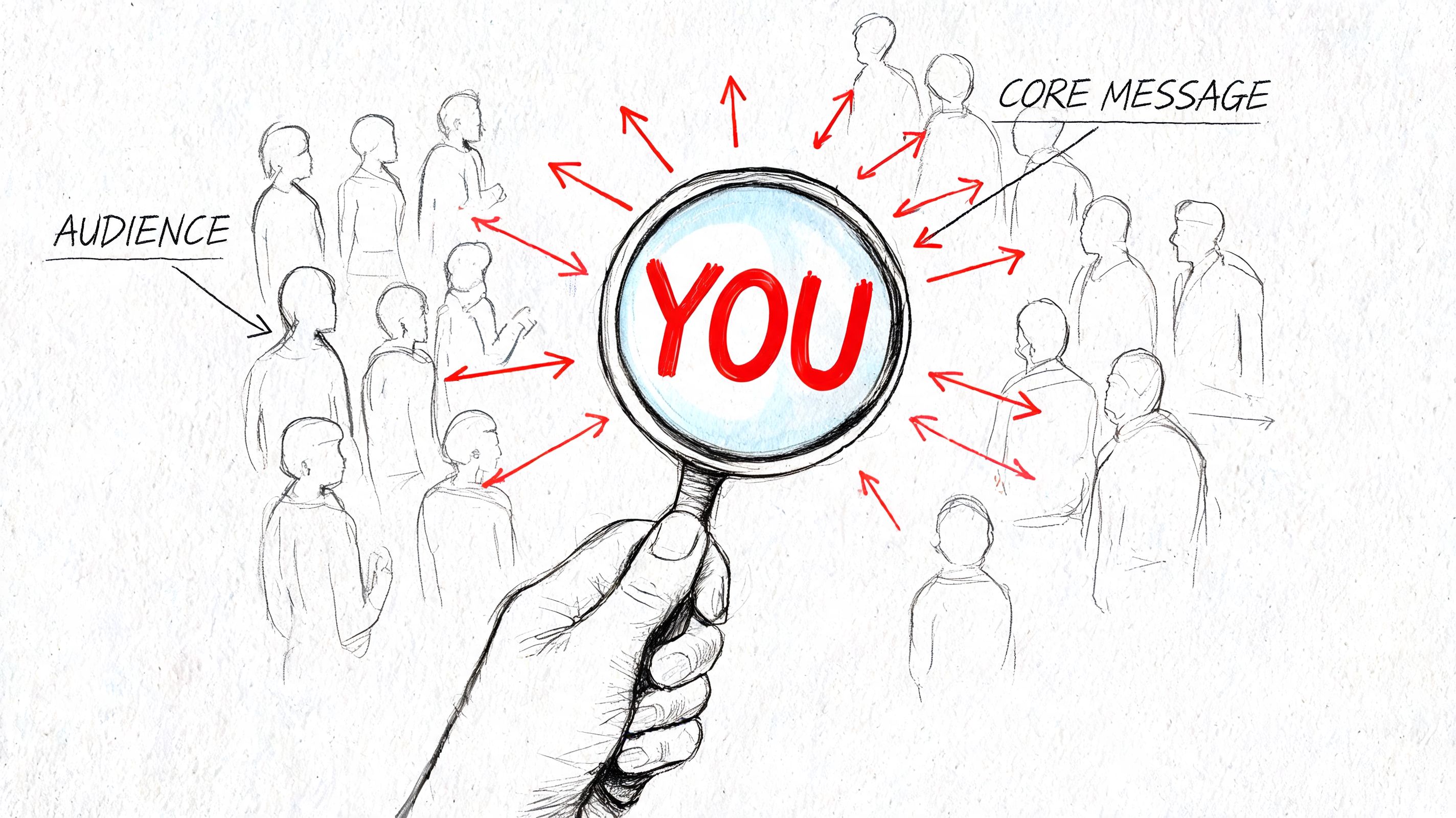A hand holding a magnifying glass over the word YOU, surrounded by sketches of an audience receiving messages.