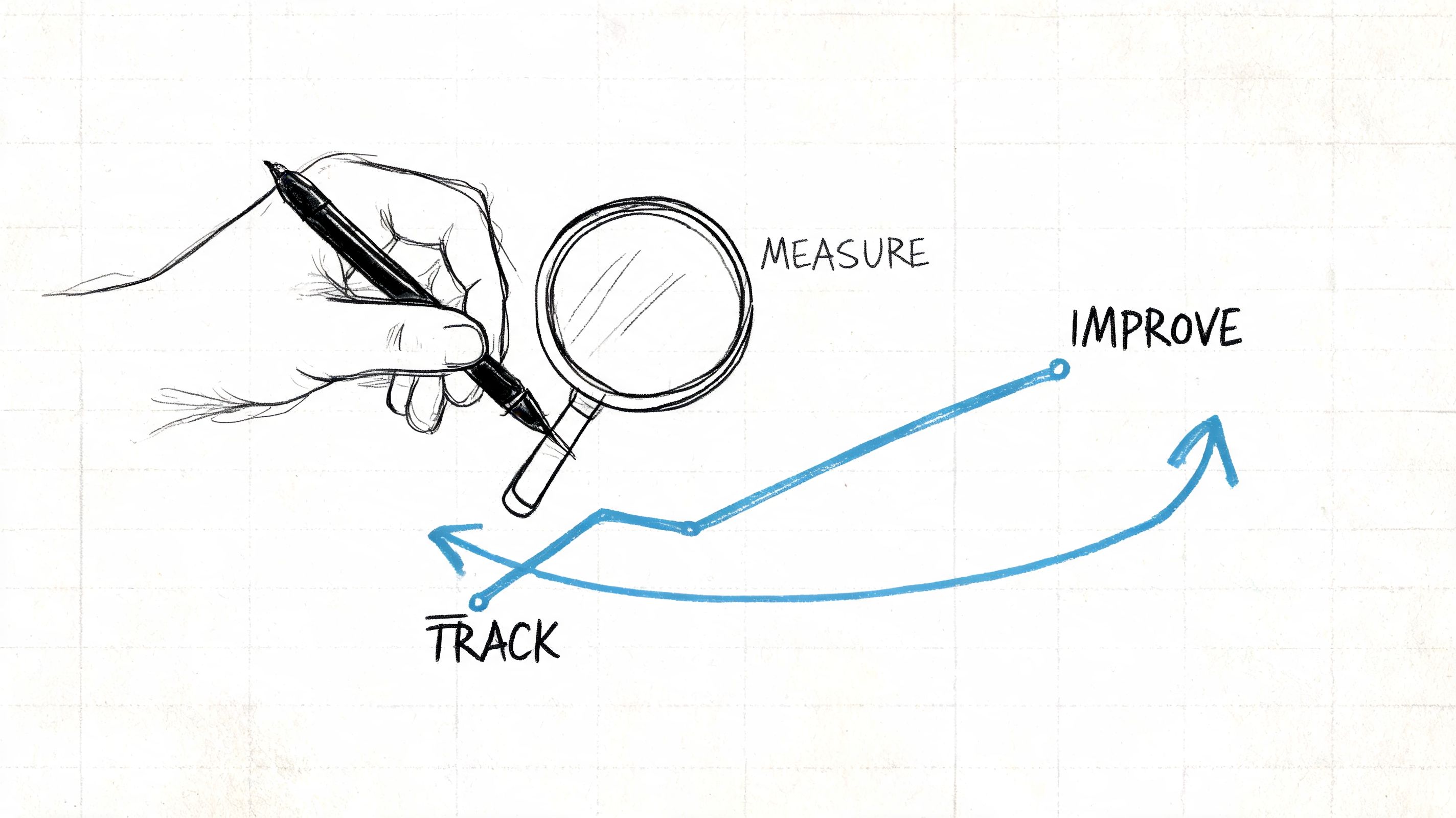A hand drawing a business growth chart with a magnifying glass labeled Measure, Track, and Improve.