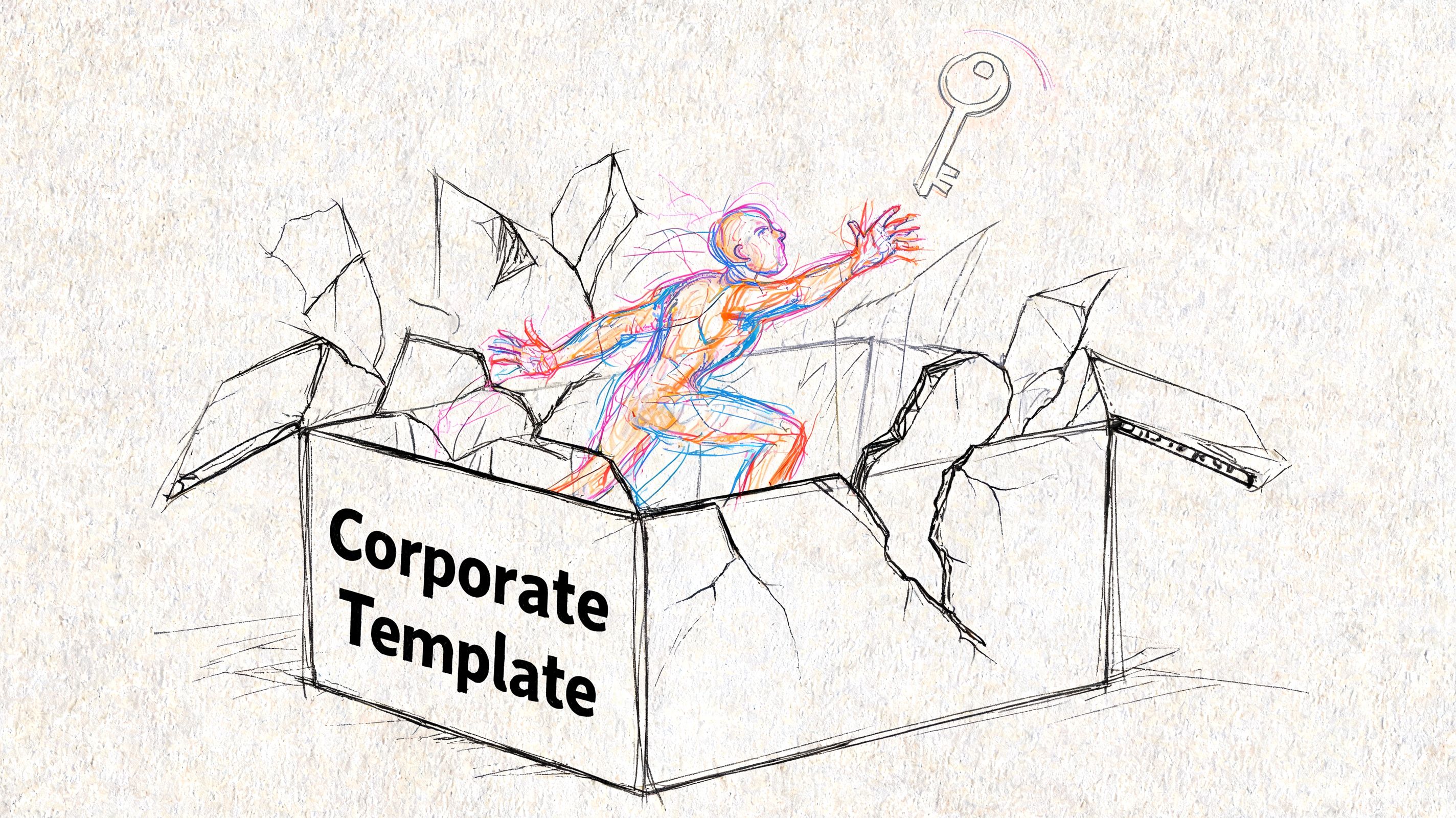 A digital sketch of a person breaking out of a box labeled Corporate Template reaching for a key.