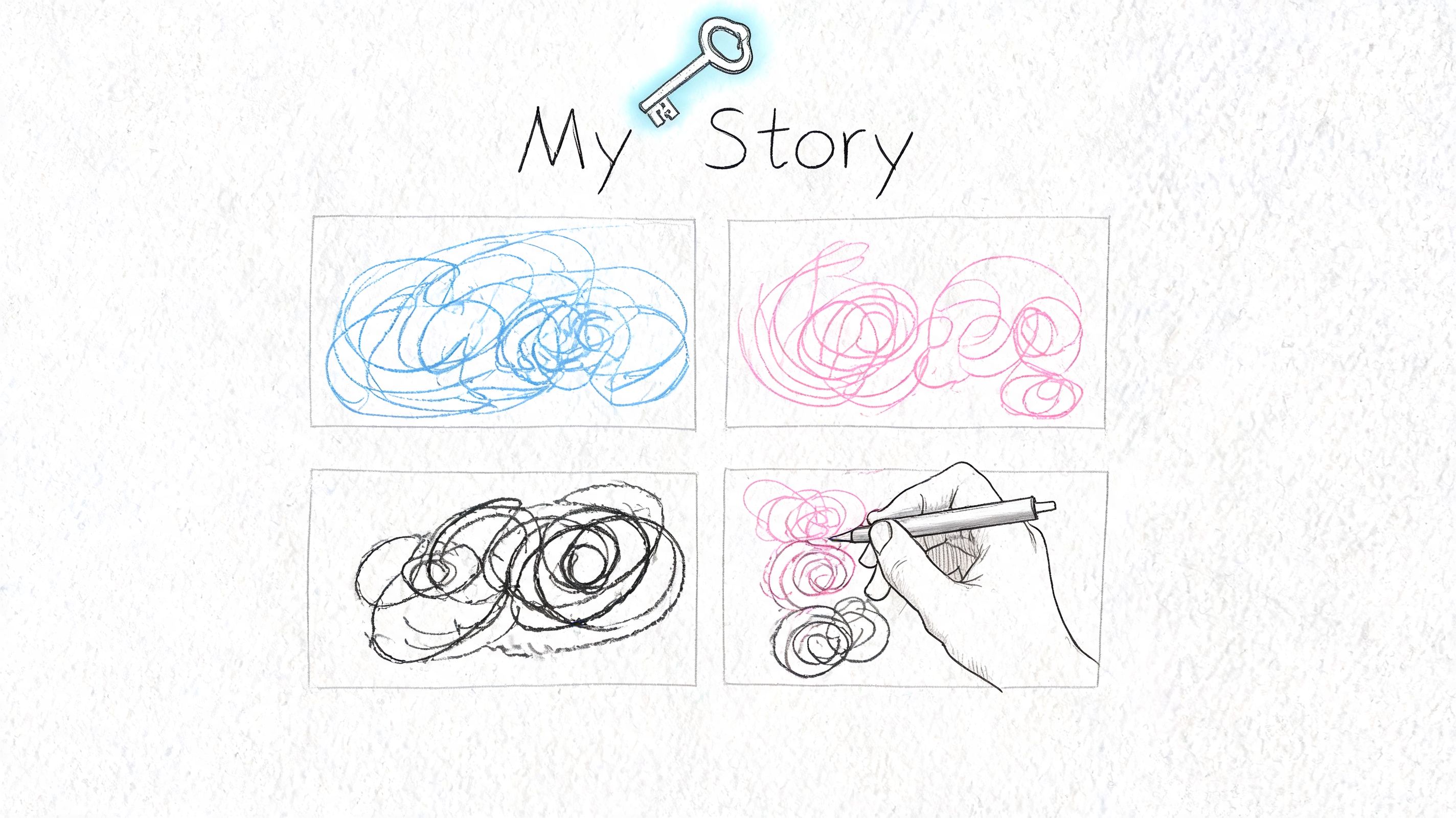 A hand sketching abstract scribbles in a four-panel frame under the title My Story with a key illustration.