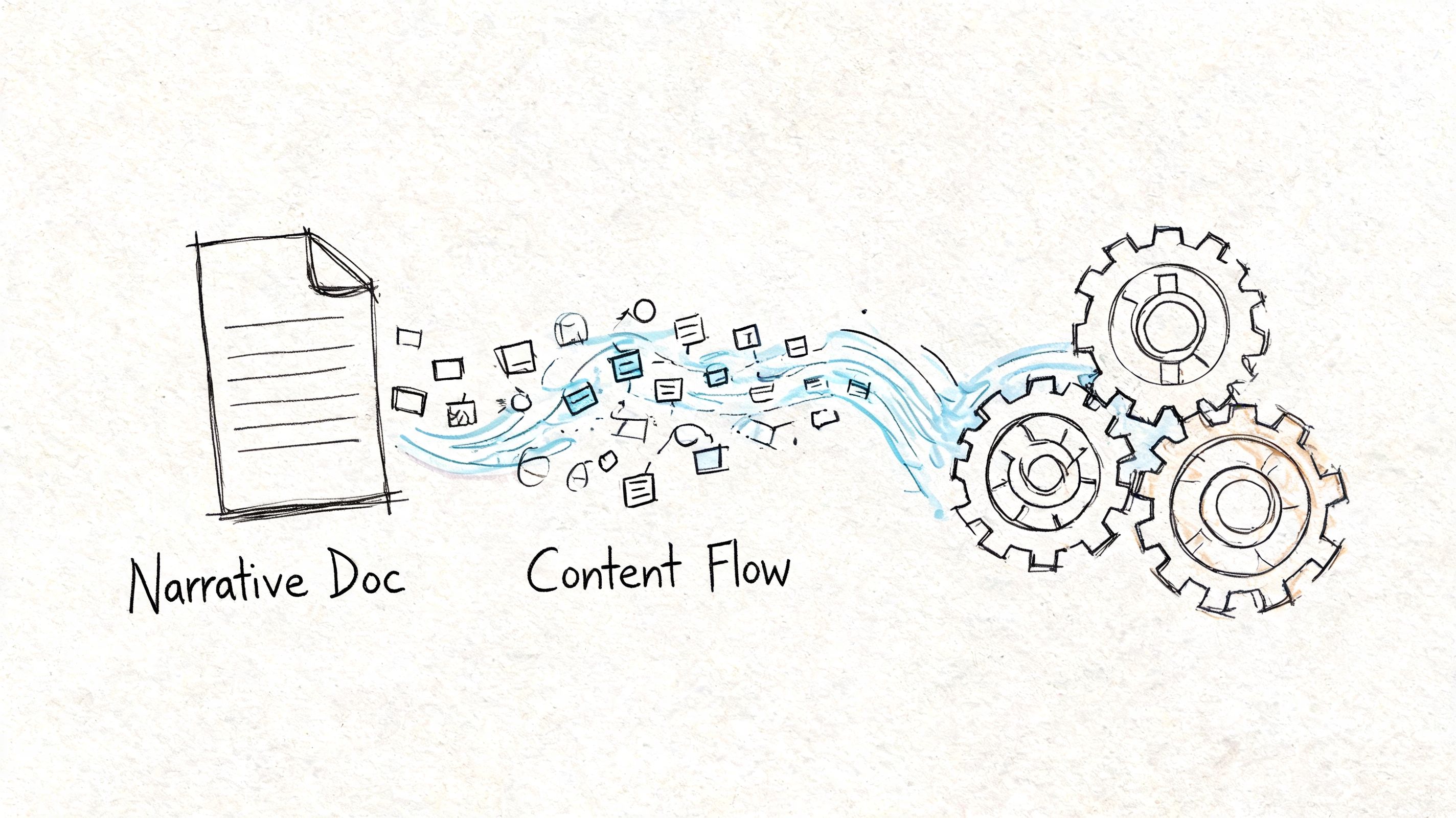 A conceptual sketch showing a document flowing into gears, representing a streamlined content processing system.