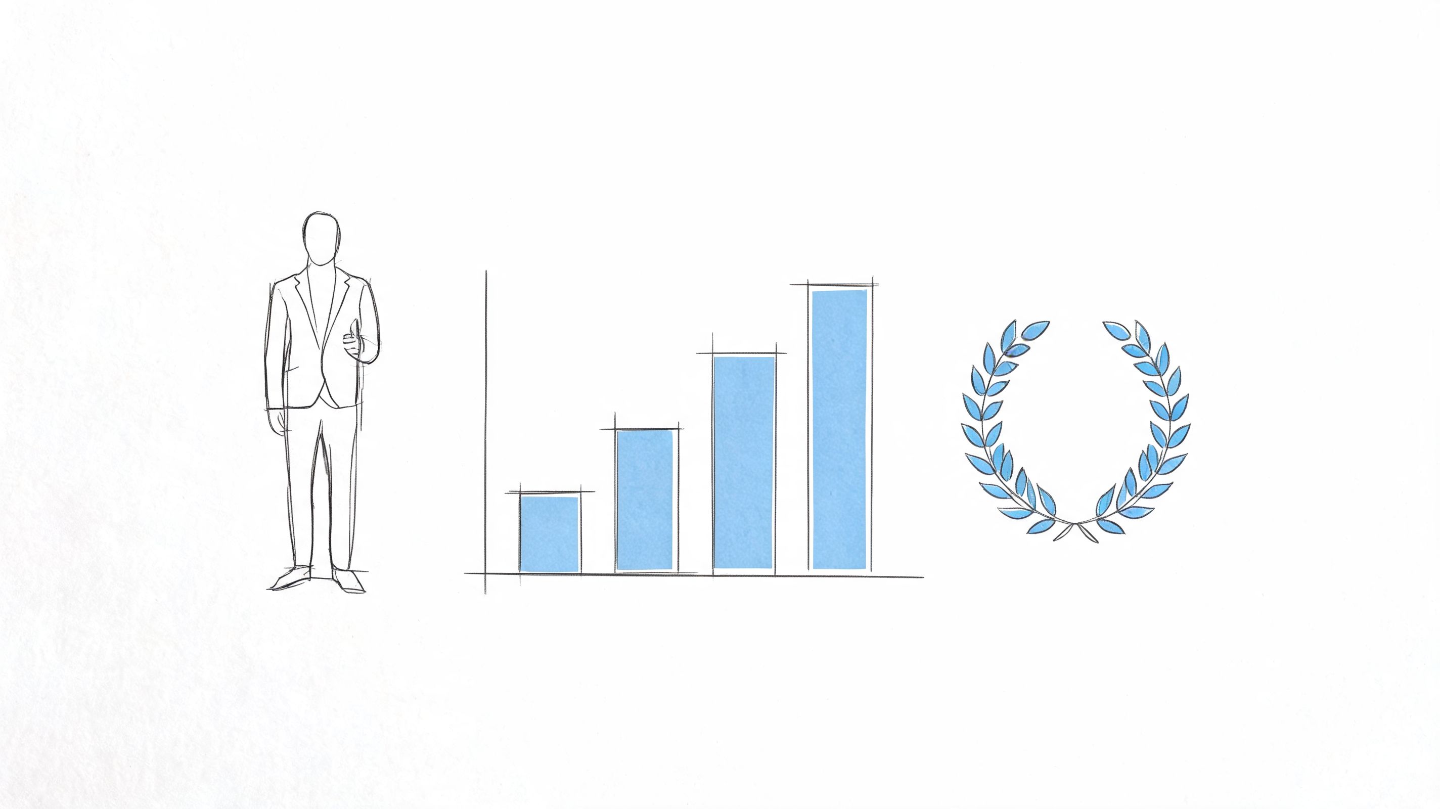 A line drawing illustration featuring a businessman, a rising bar chart, and a laurel wreath symbol.