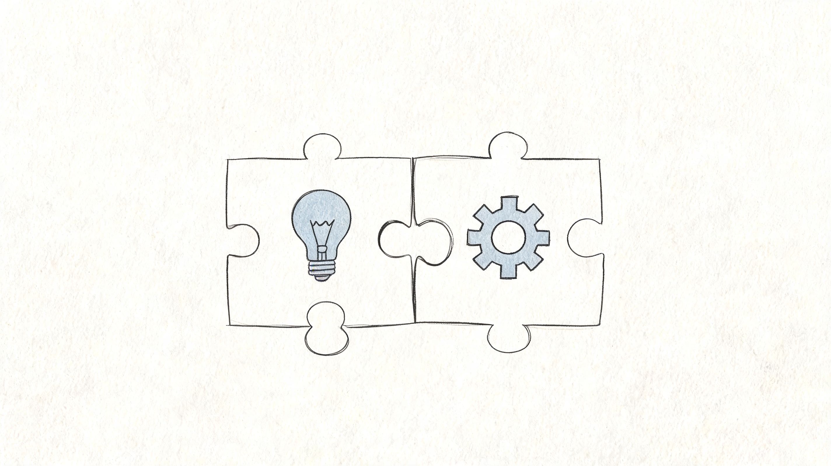 A hand-drawn illustration featuring two connected puzzle pieces with a light bulb and a gear icon.